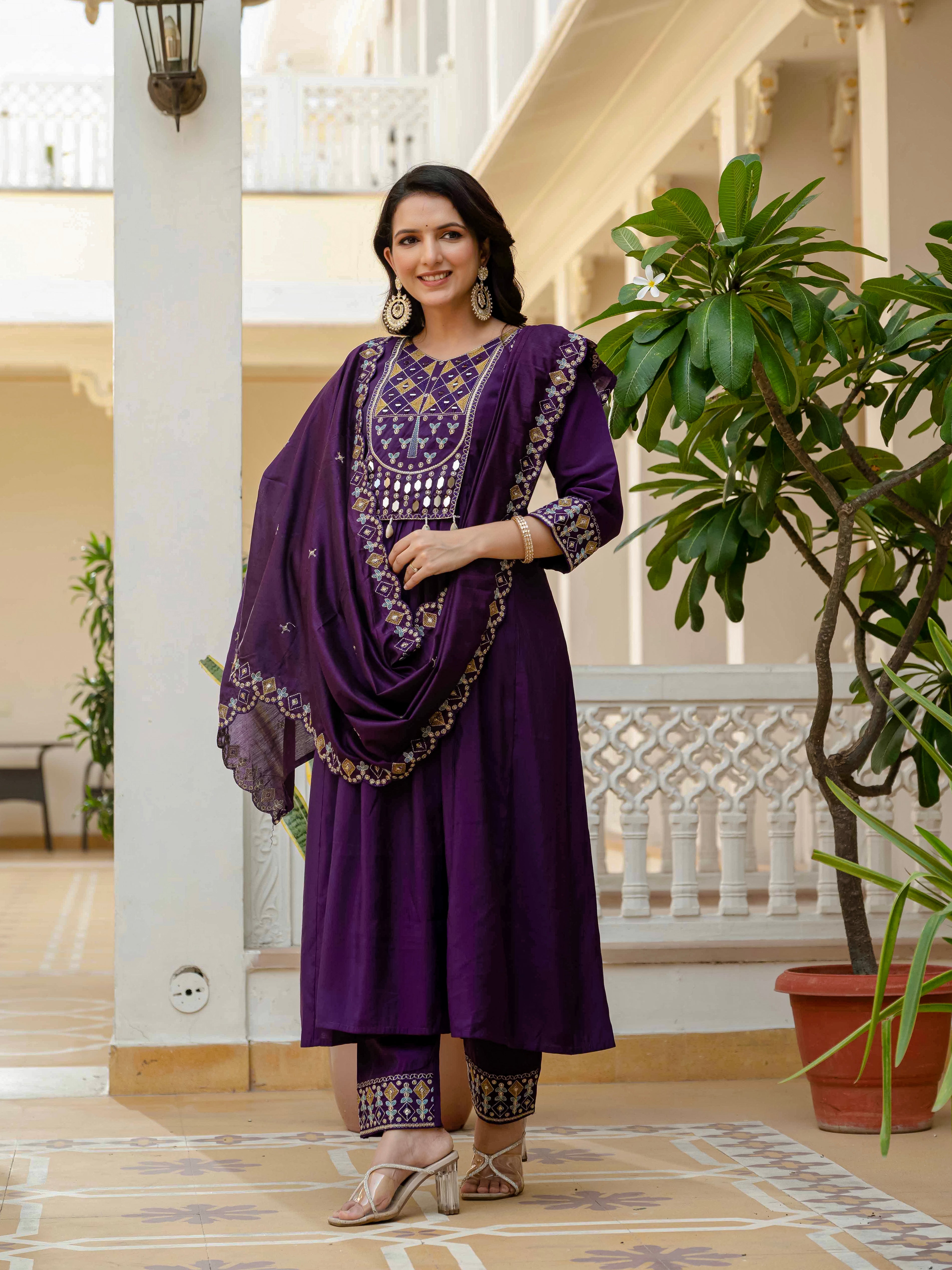 Viscose Roman Silk Embroidered Anarkali Kurti Set – Purple