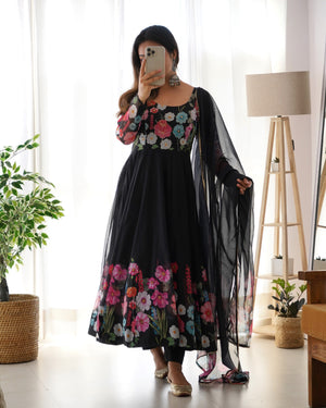 Organza Silk Printed Anarkali Set – Black