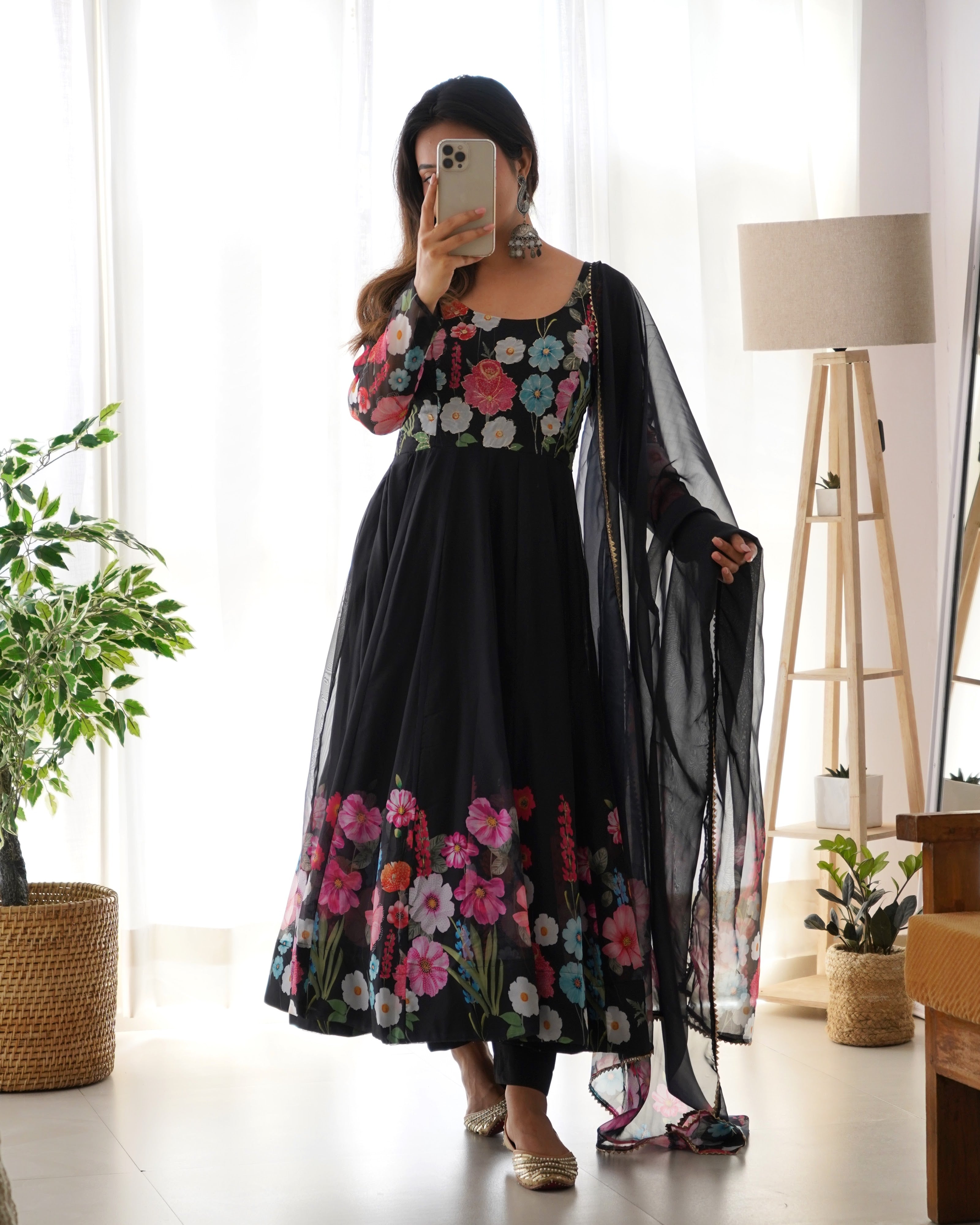 Organza Silk Printed Anarkali Set – Black