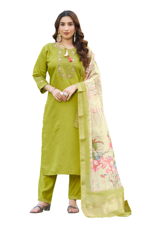 Viscose Silk Embroidered Straight Kurti Set – Parrot Green