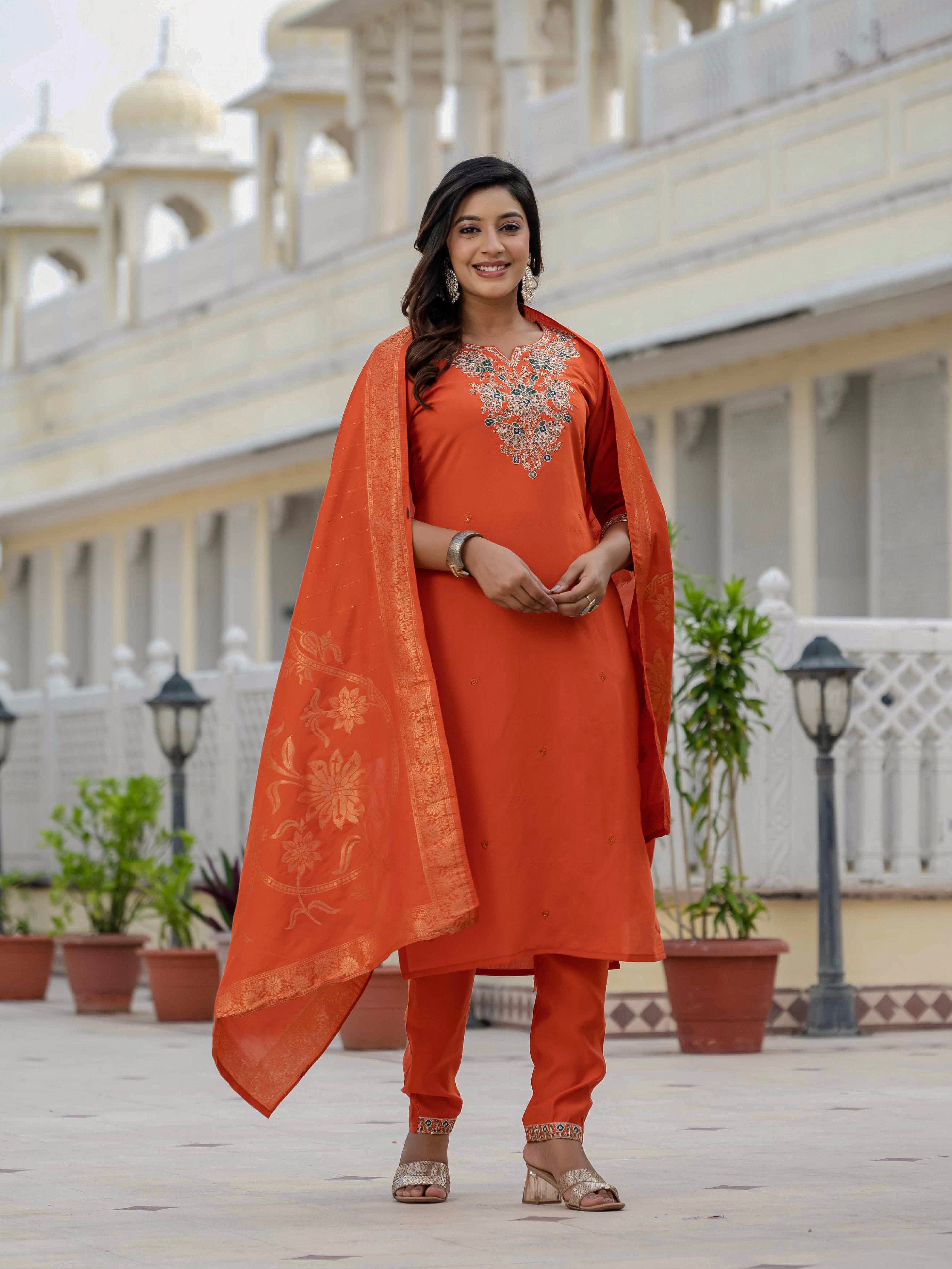 Premium Roman Silk Embroidered Straight Kurti Set – Orange