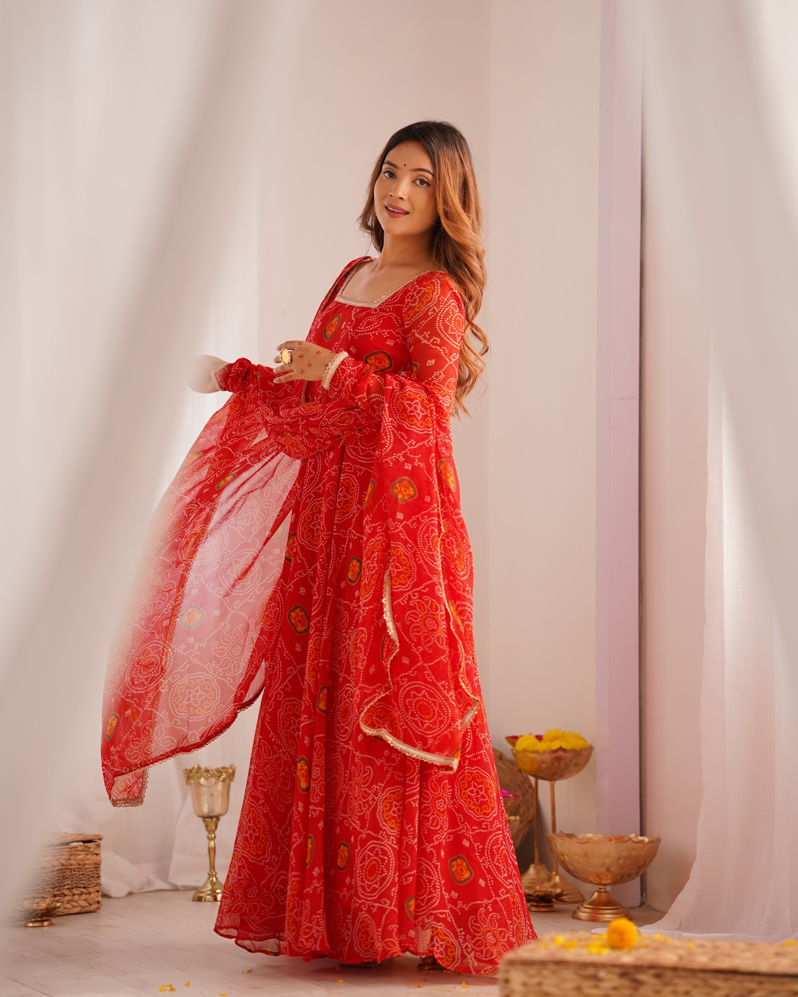 Soft Lightweight Chiffon Bandhej Fabric Inner Micro Cotton Embroidered Anarkali Set – Orange