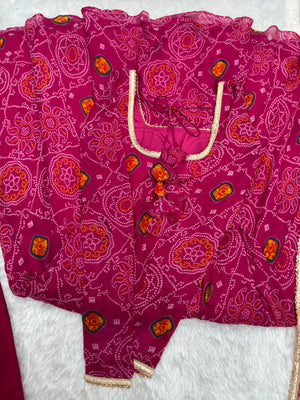 Soft Lightweight Chiffon Bandhej Fabric Inner Micro Cotton Embroidered Anarkali Set – Pink