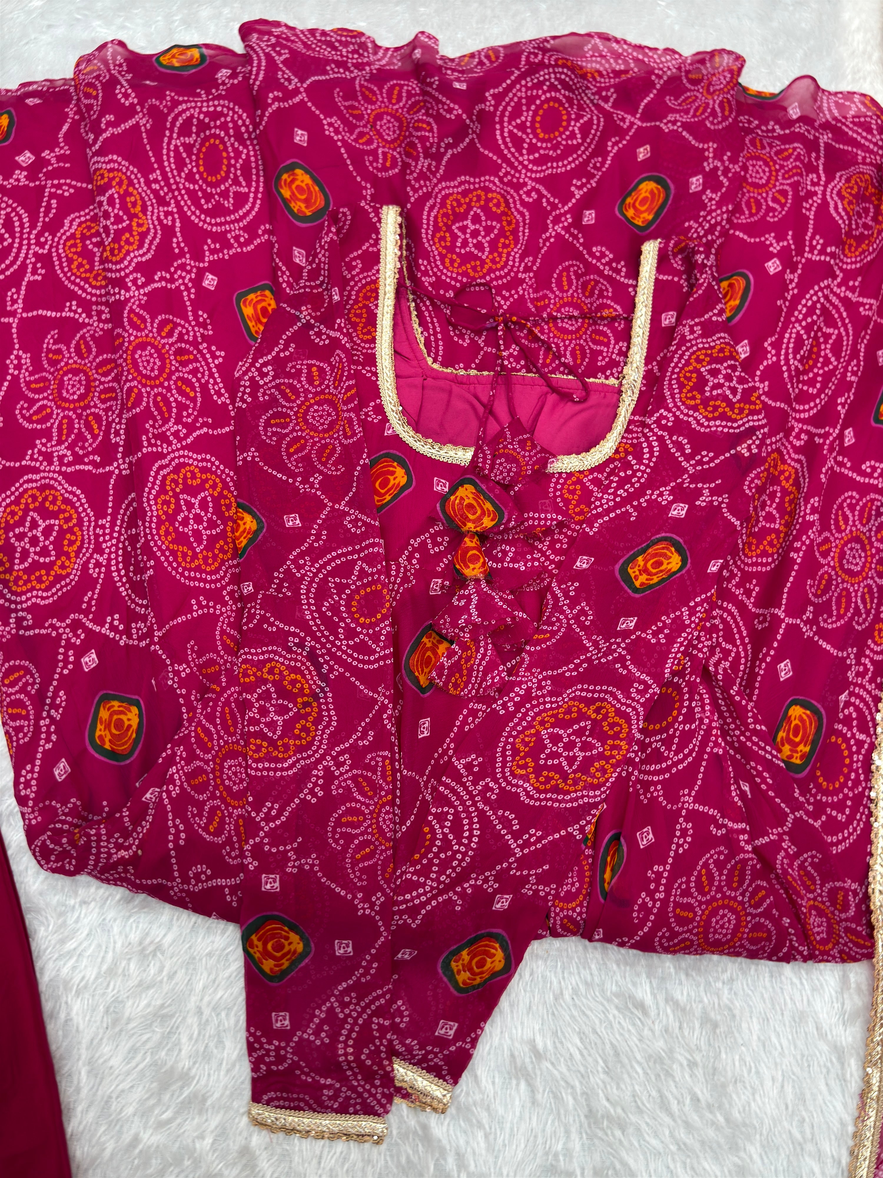 Soft Lightweight Chiffon Bandhej Fabric Inner Micro Cotton Embroidered Anarkali Set – Pink