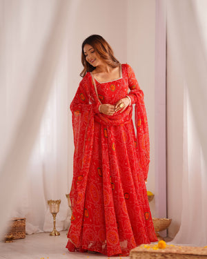 Soft Lightweight Chiffon Bandhej Fabric Inner Micro Cotton Embroidered Anarkali Set – Orange