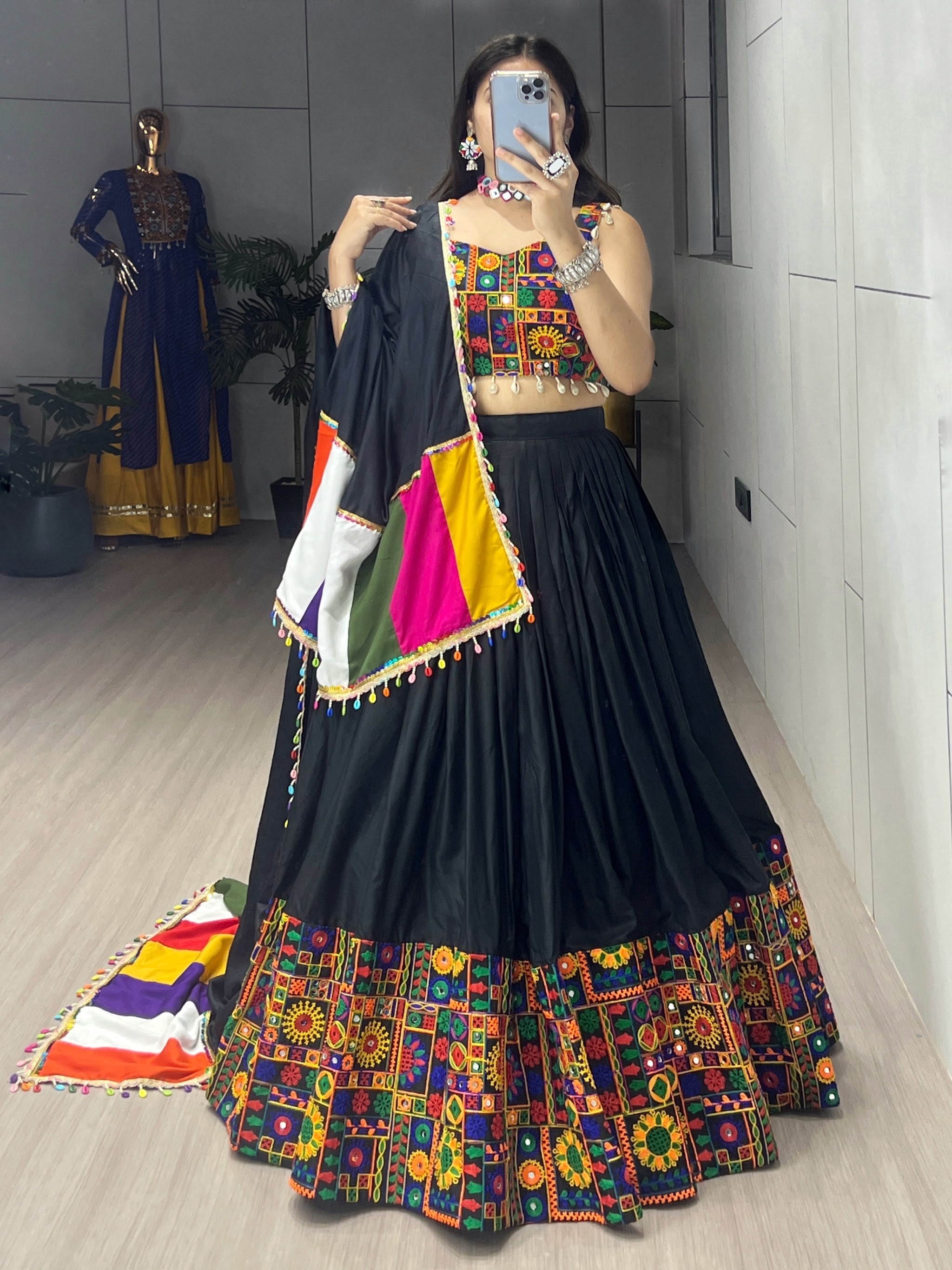 Navratri Black Gamthi Mirror Work Lehenga Set