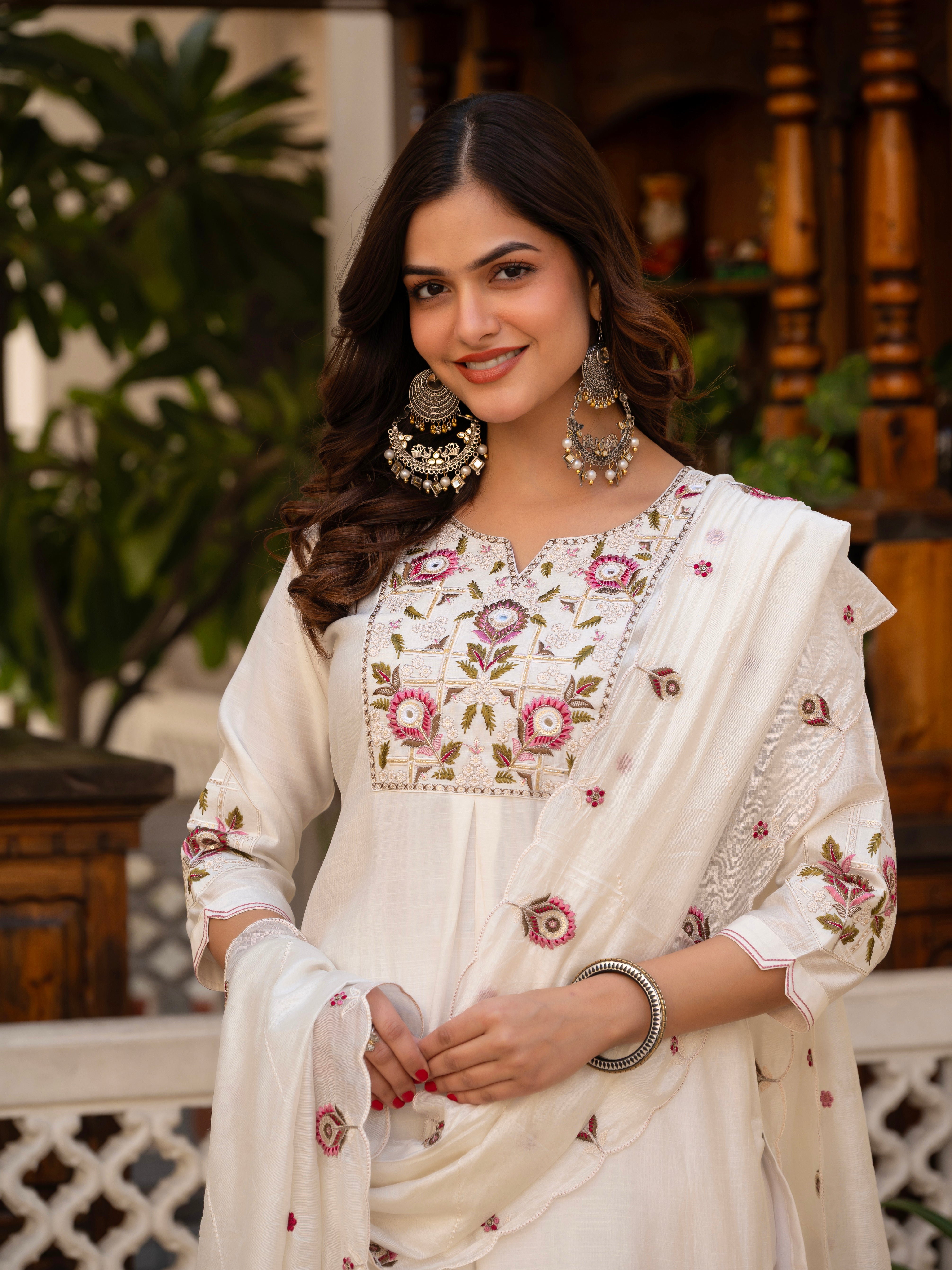 Pure Viscose Mango Silk Embroidered Straight Kurti Set – White
