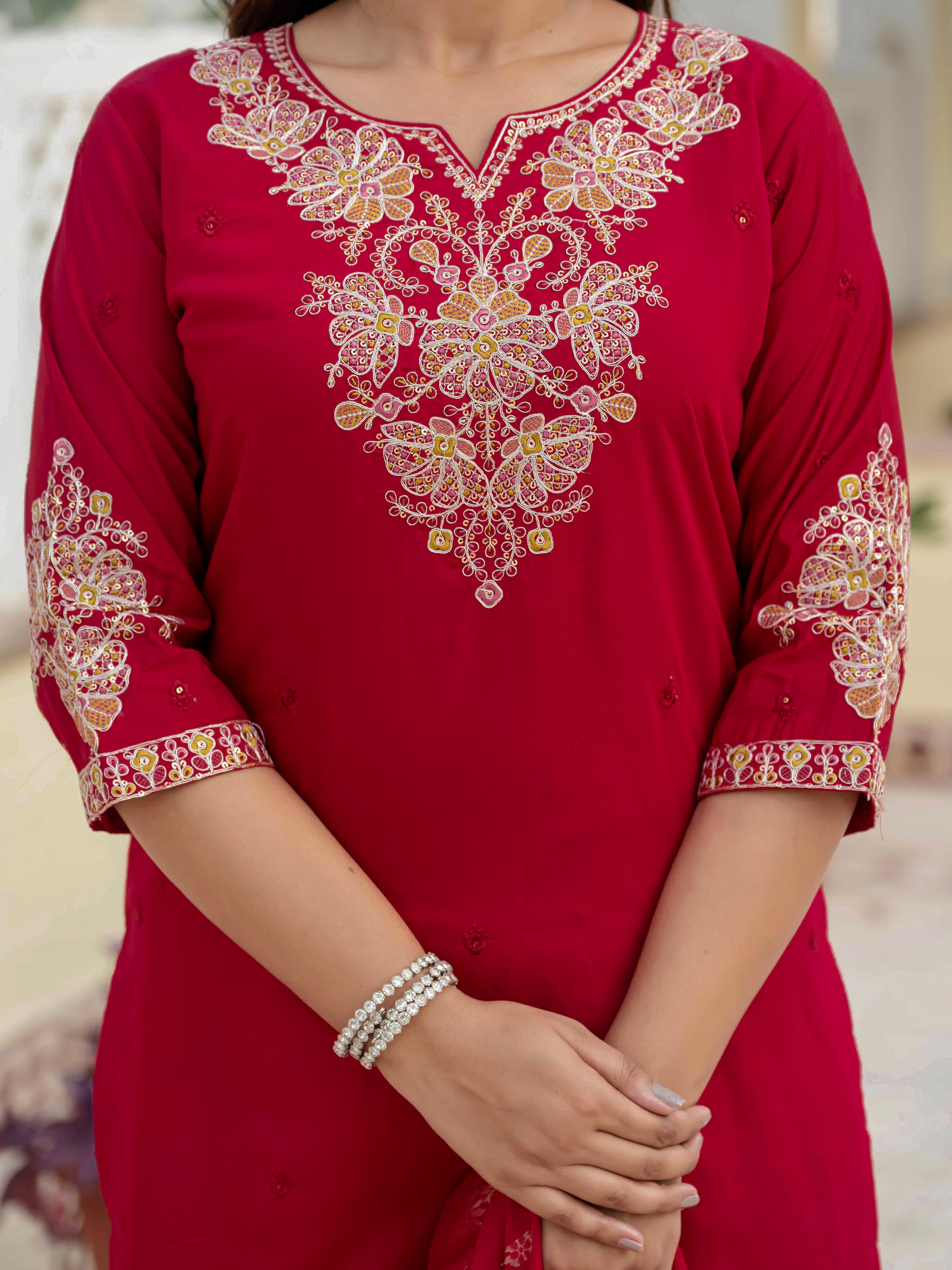 Premium Roman Silk Embroidered Straight Kurti Set – Maroon