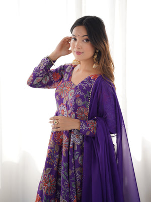 Roman Chanderi Silk Printed Kurta-Palazzo Set – Purple