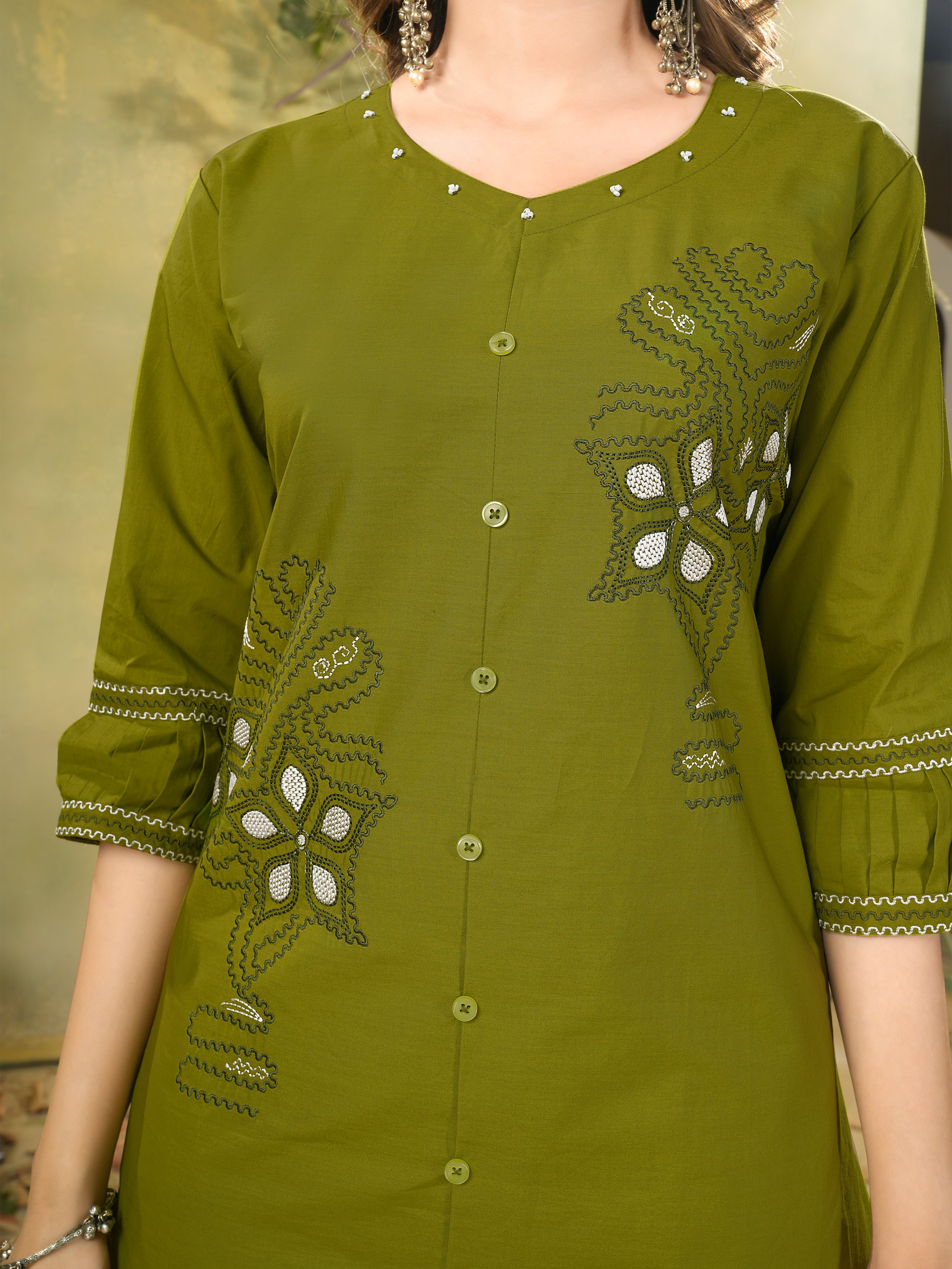 Pure Cotton Embroidered Co-Ords Set – Mehendi