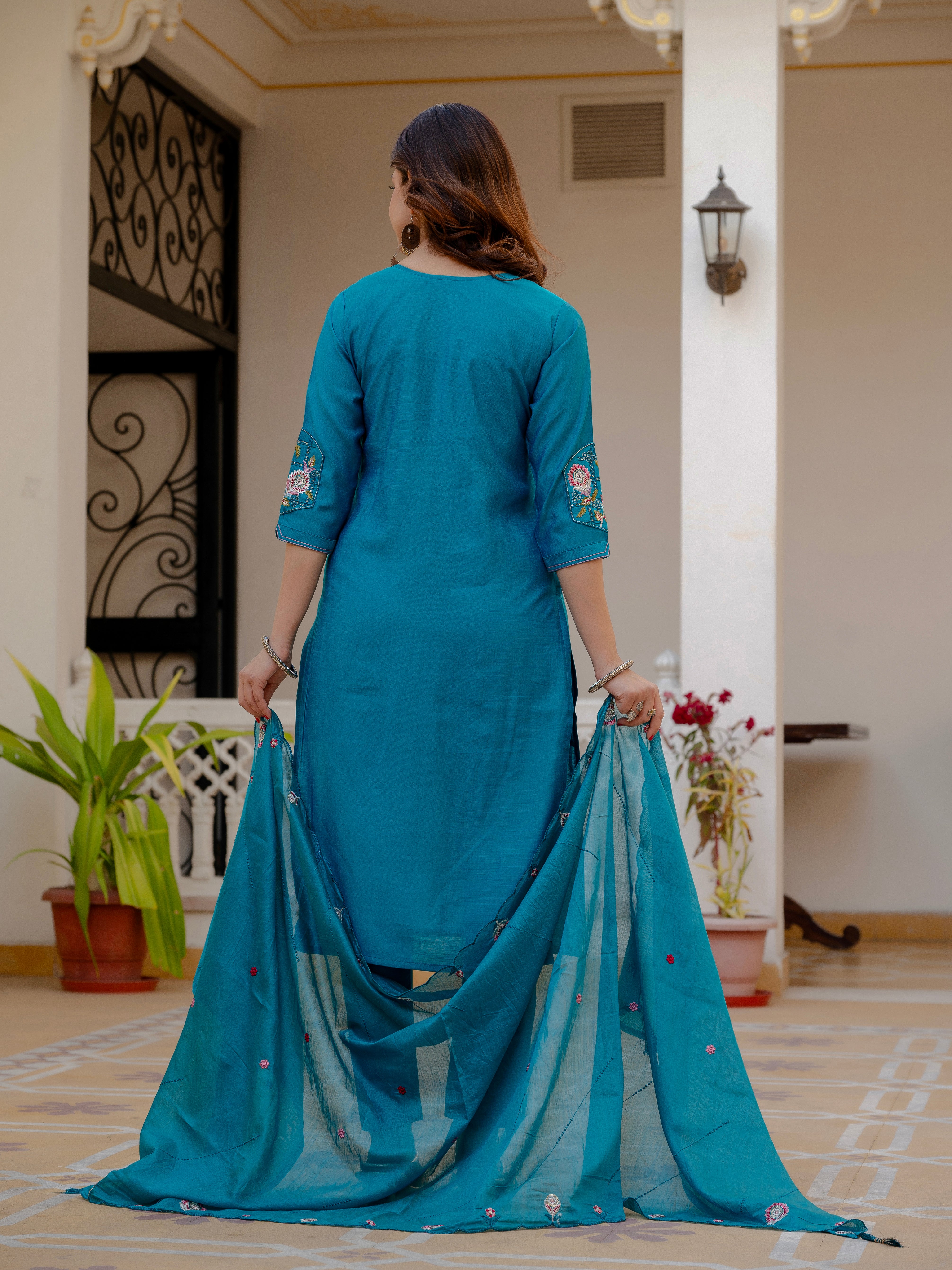 Pure Viscose Mango Silk Embroidered Straight Kurti Set – Firozi