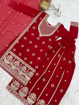 Georgette Embroidered Kurta-Sharara Set – Red