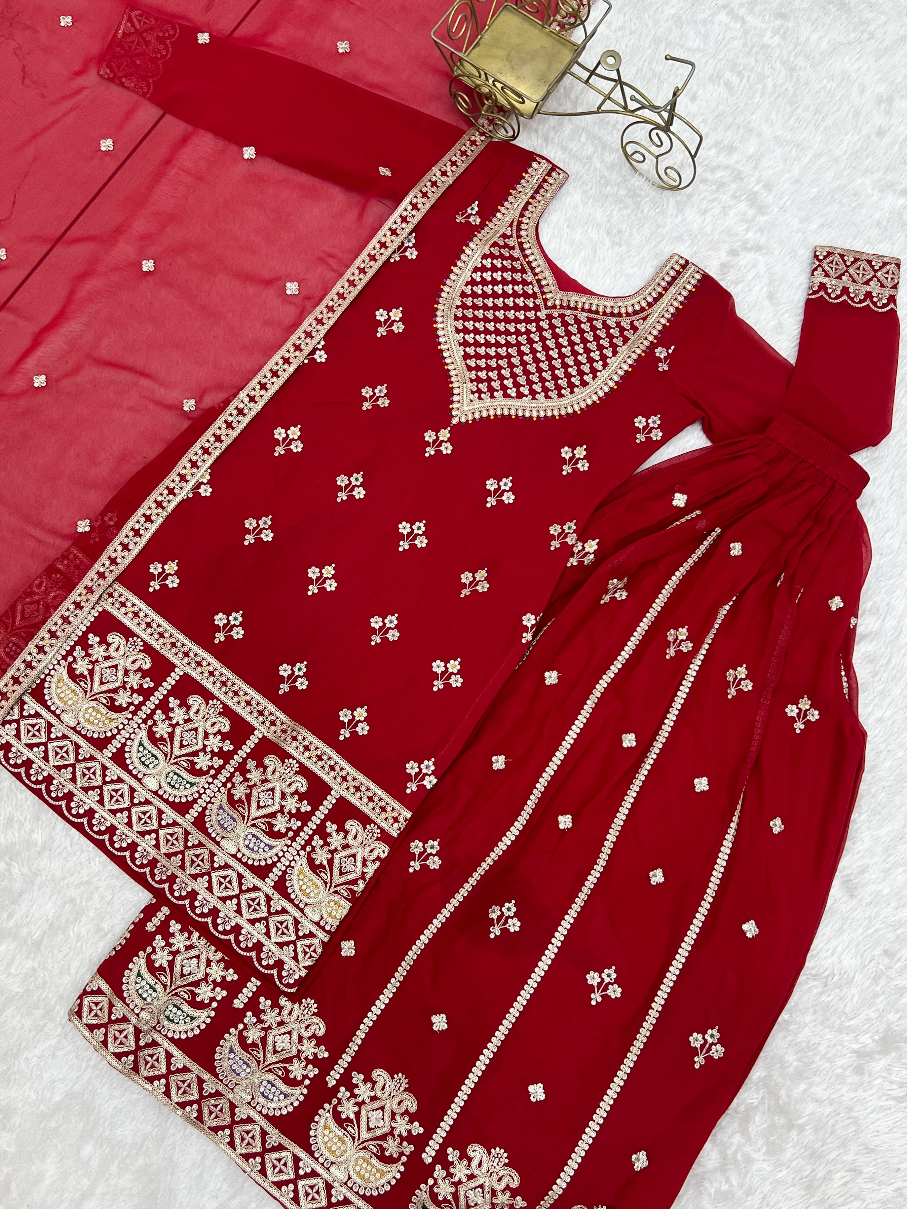 Georgette Embroidered Kurta-Sharara Set – Red