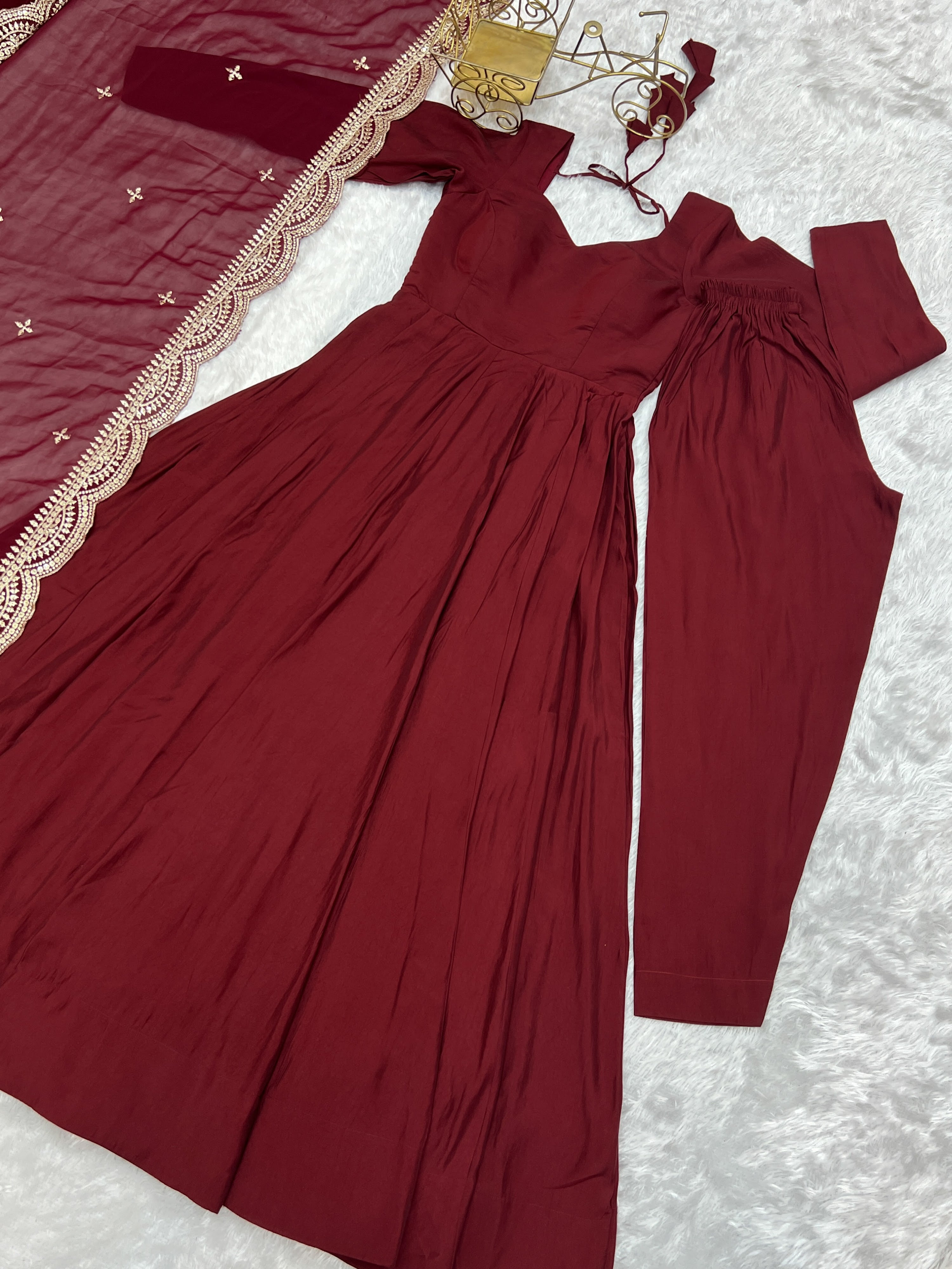 Roman Chanderi Silk Embroidered Anarkali Set – Maroon