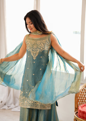 Fendy Silk Embroidered Sharara Set – Slate Blue