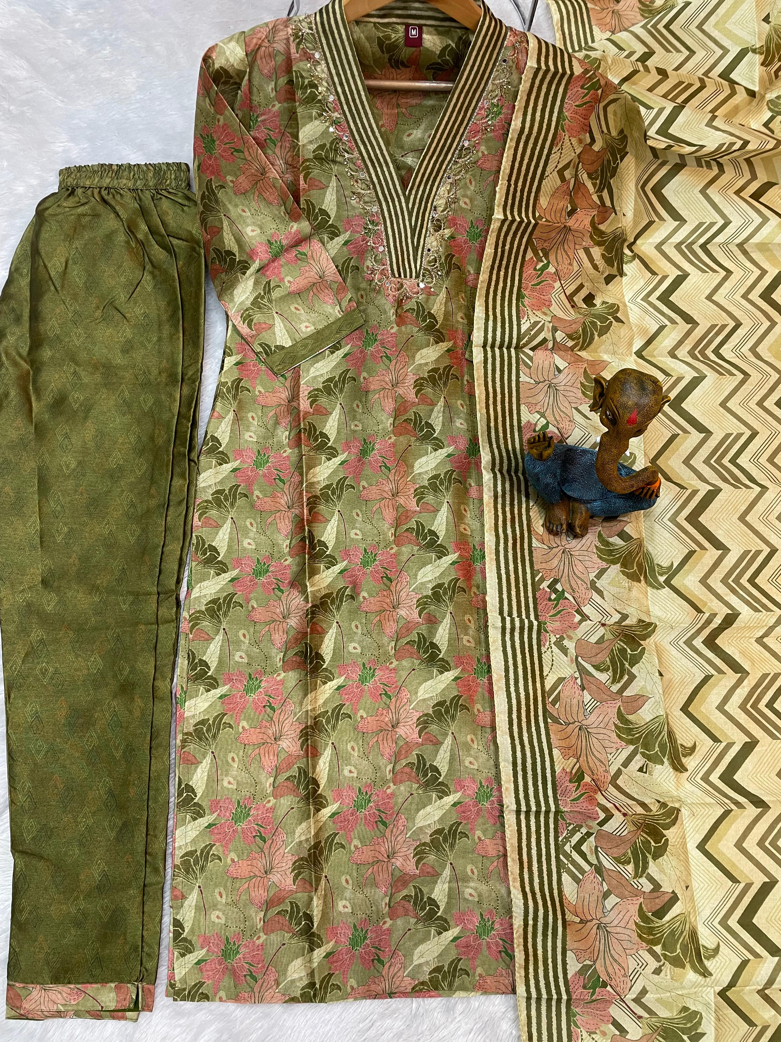 Zarna Silk Embroidered Straight Kurti Set – Mehndi Green