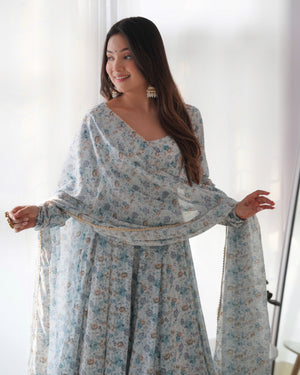 Heavy Orange Chiffon Floral Print Printed Anarkali Set – White Blue