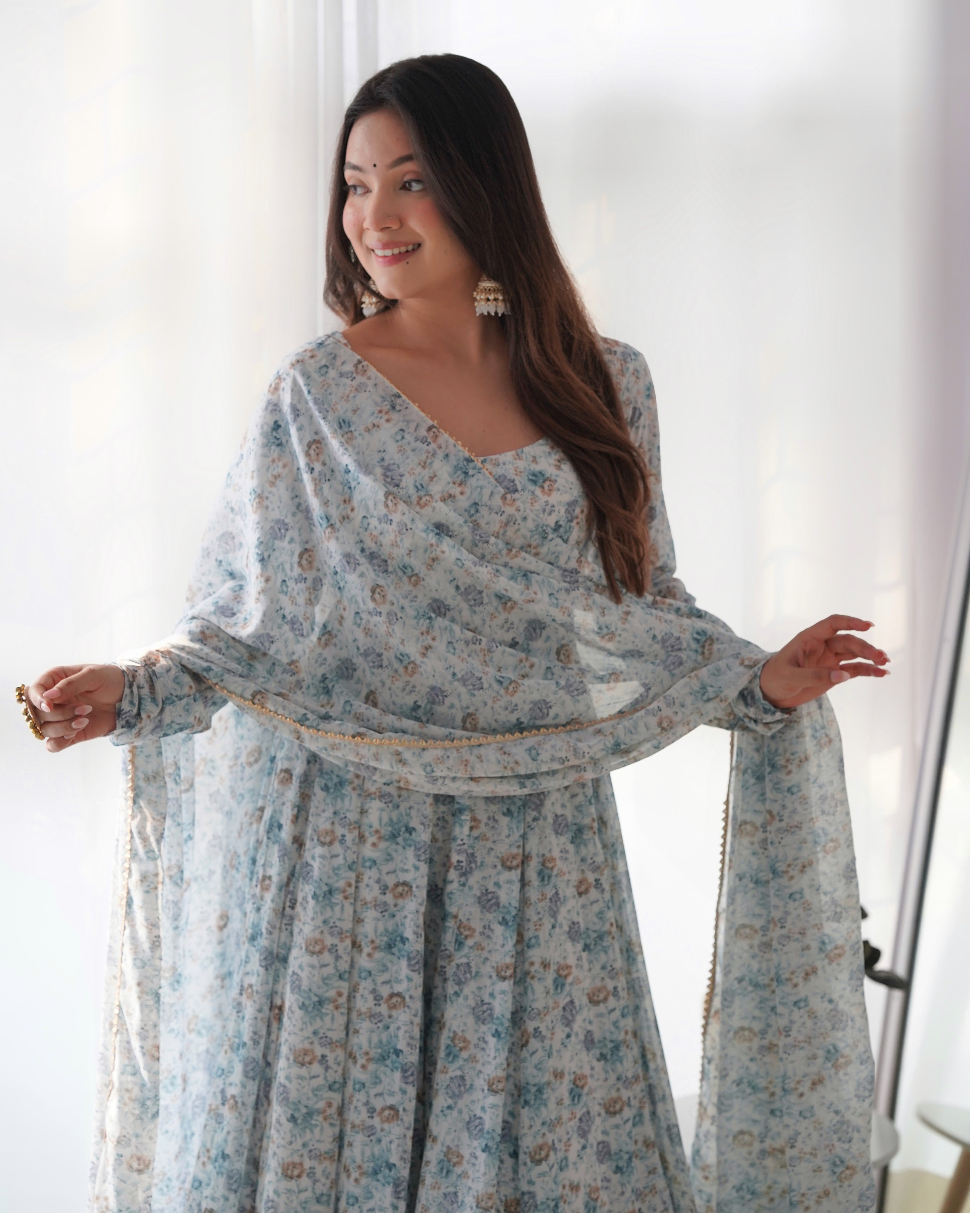 Heavy Orange Chiffon Floral Print Printed Anarkali Set – White Blue