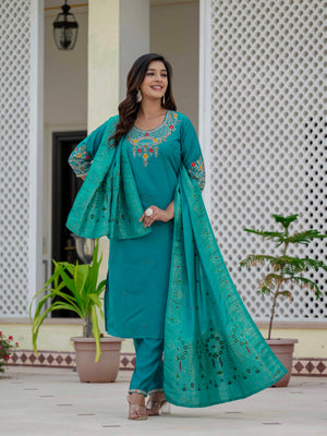 Premium Roman Silk Embroidered Straight Kurti Set – Firozi