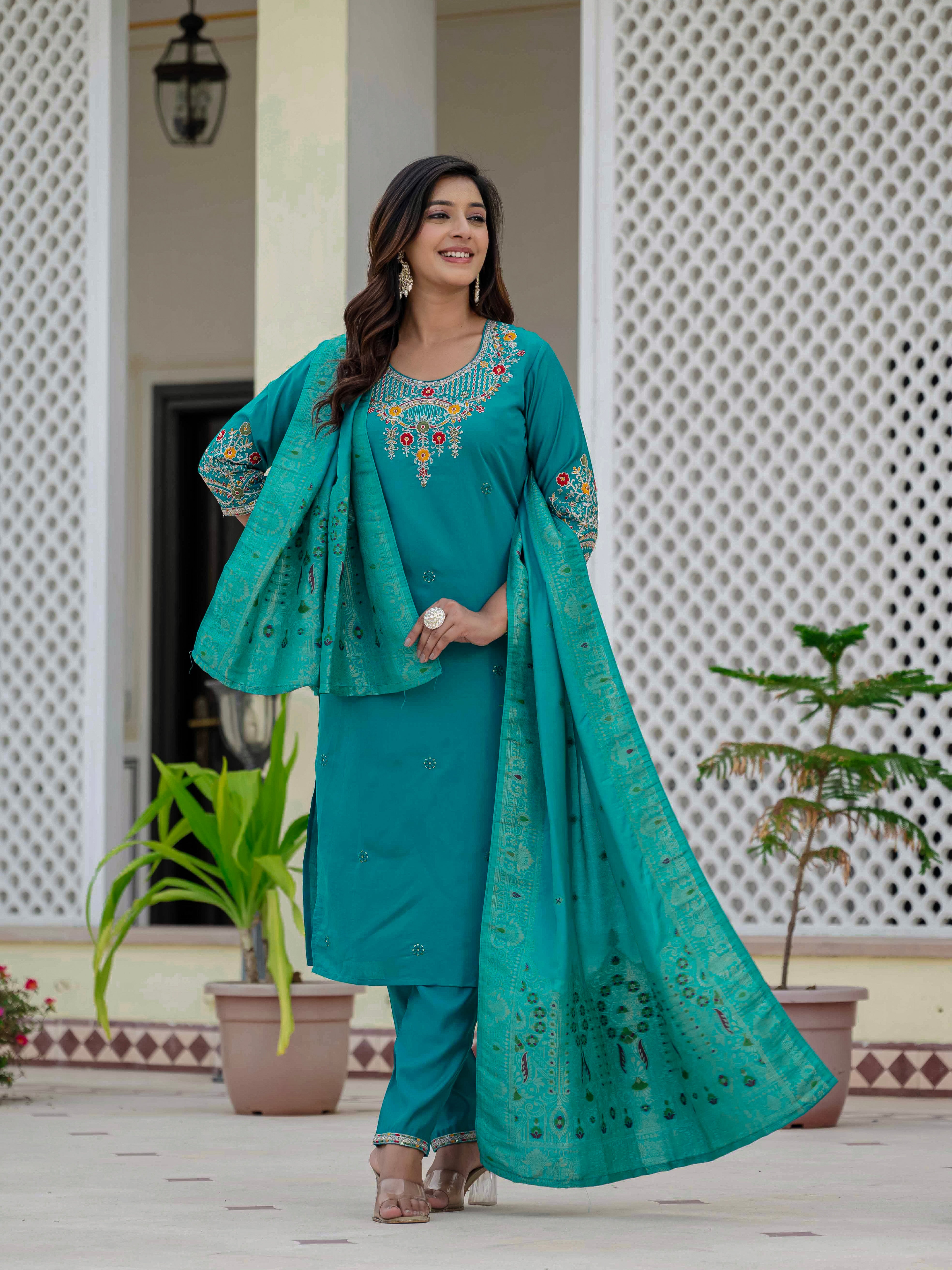 Premium Roman Silk Embroidered Straight Kurti Set – Firozi