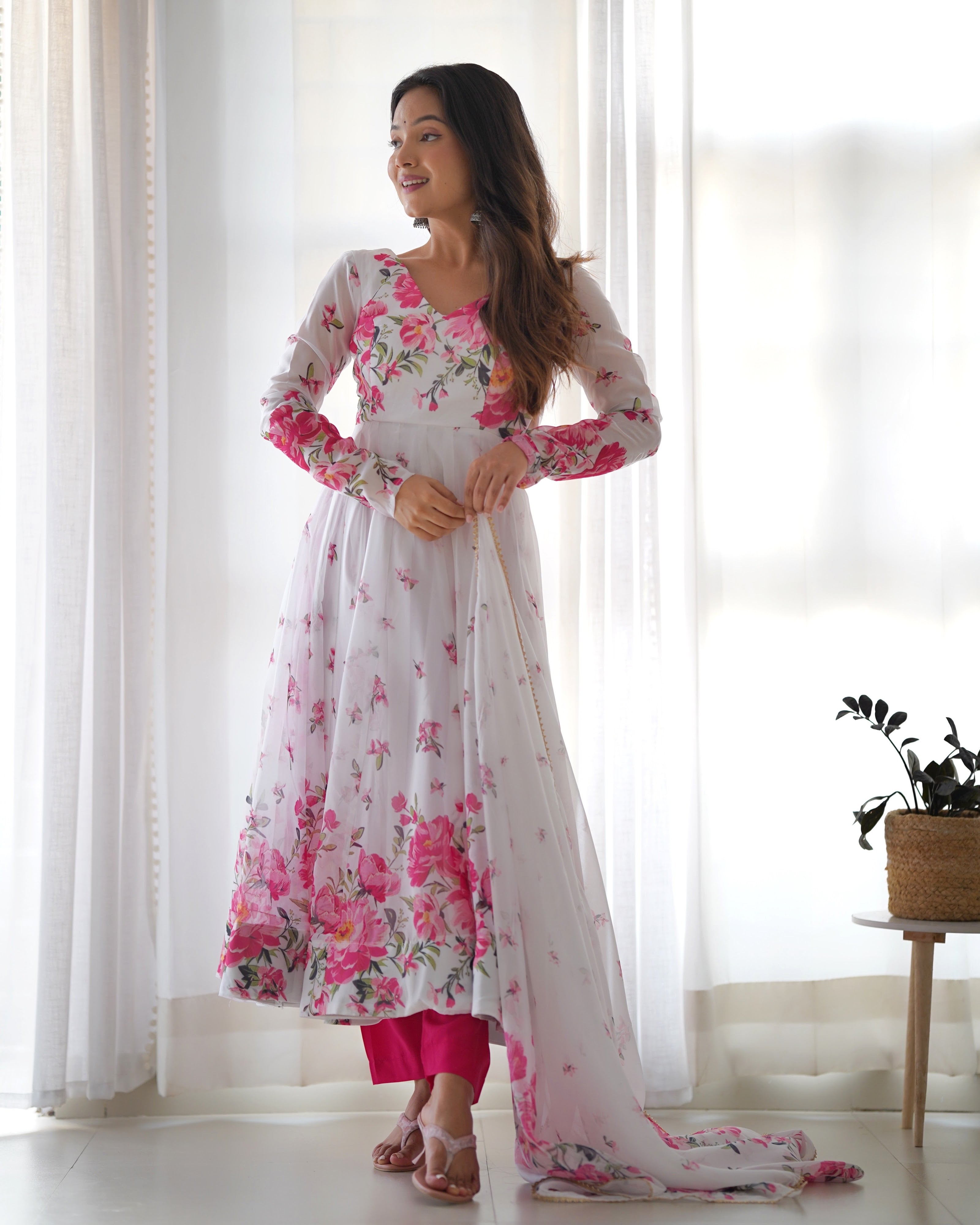 Organza Silk Printed Anarkali Set – Ivory Floral