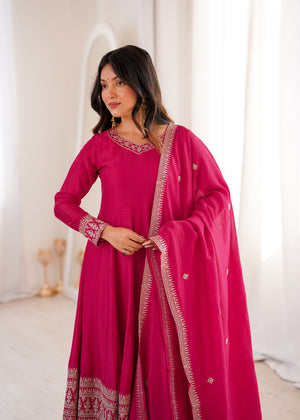 Vichitra Silk Embroidered Anarkali Set – Rani Pink