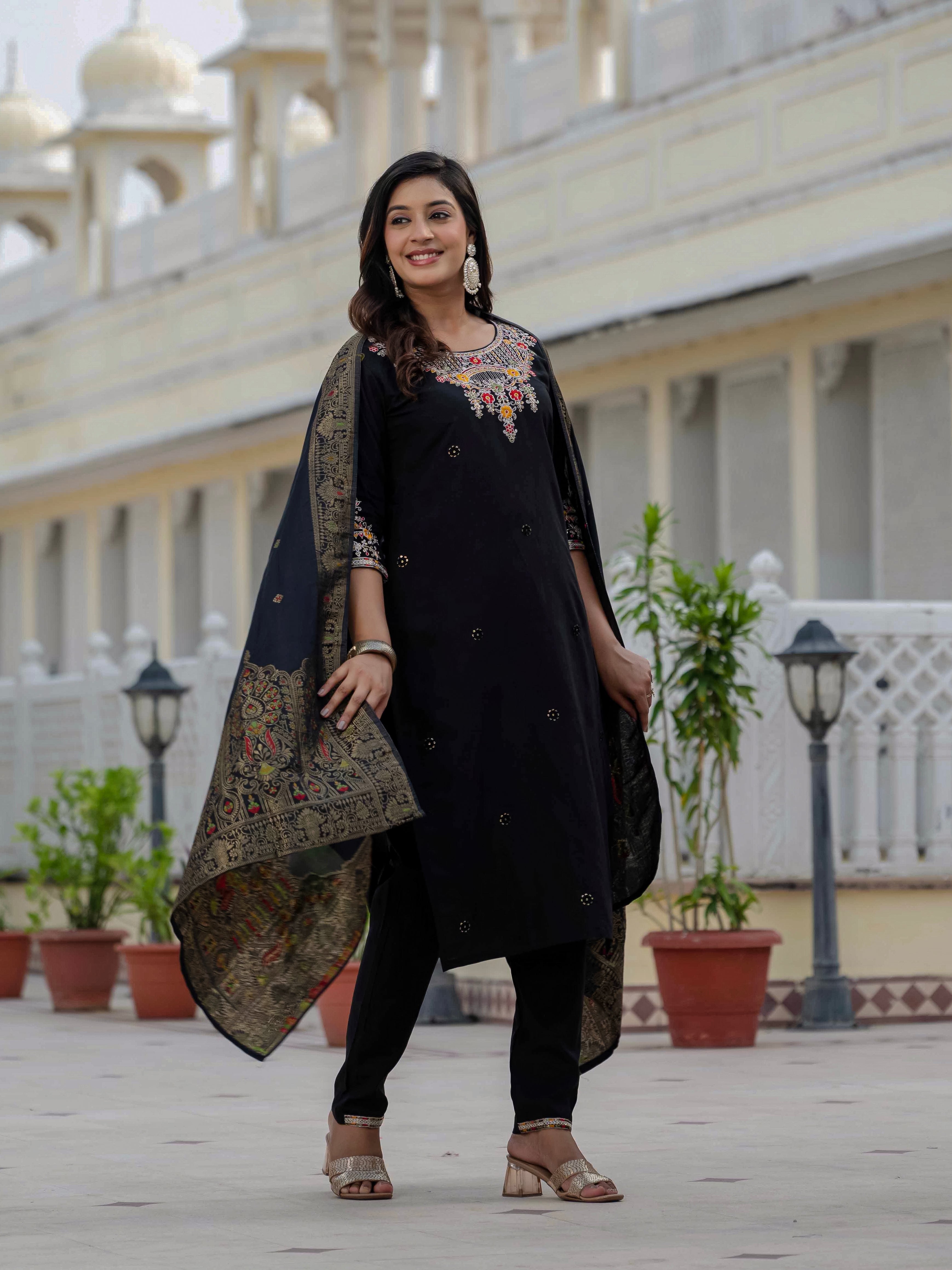 Premium Roman Silk Embroidered Straight Kurti Set – Black