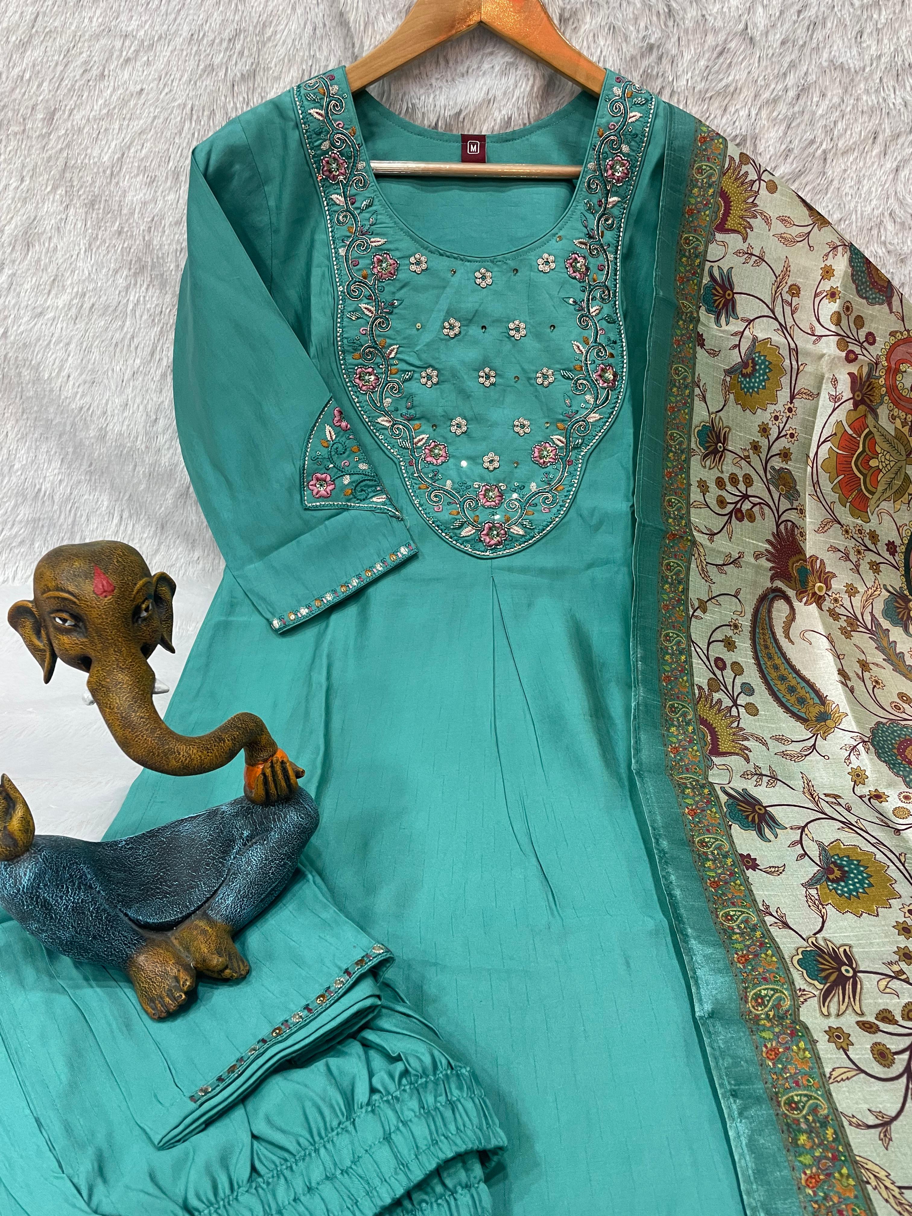 Premium Marina Silk Embroidered Straight Kurti Set – See Green