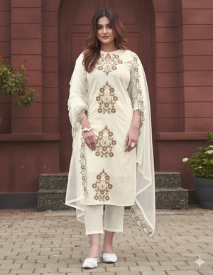 Rayon Slub Embroidered Kurta Pant Dupatta Set – Ivory