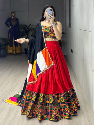 Navratri Red Gamthi Mirror Work Lehenga Set