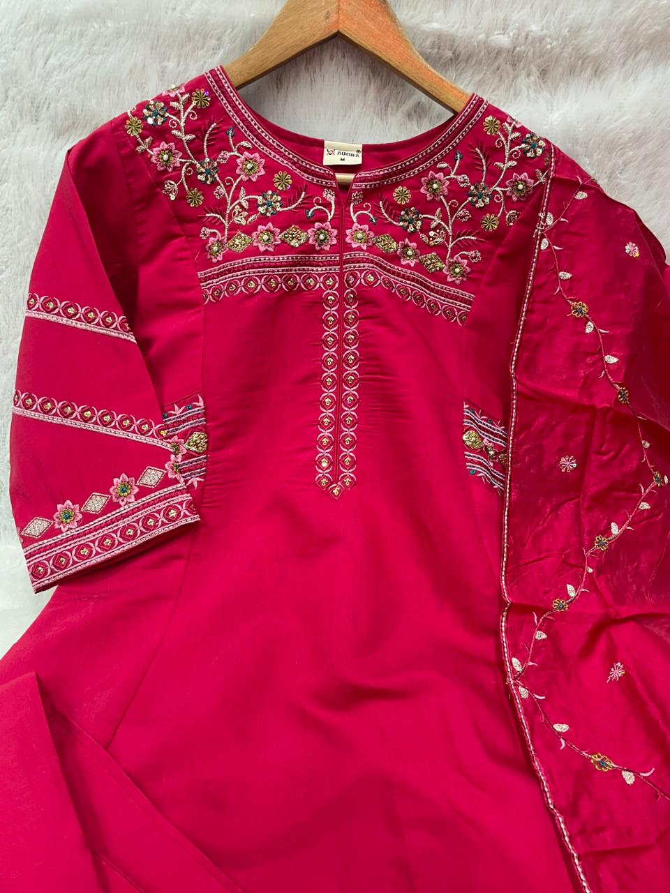 Viscose Mango Silk Embroidered Anarkali Kurti Set – Rani Pink
