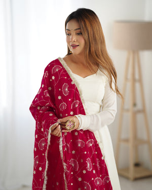 Vichitra Silk Designer Anarkali Set – Ivory & Rani Pink
