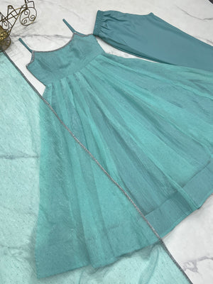 Crunchy Silk Embroidered Anarkali Set – Aqua Blue