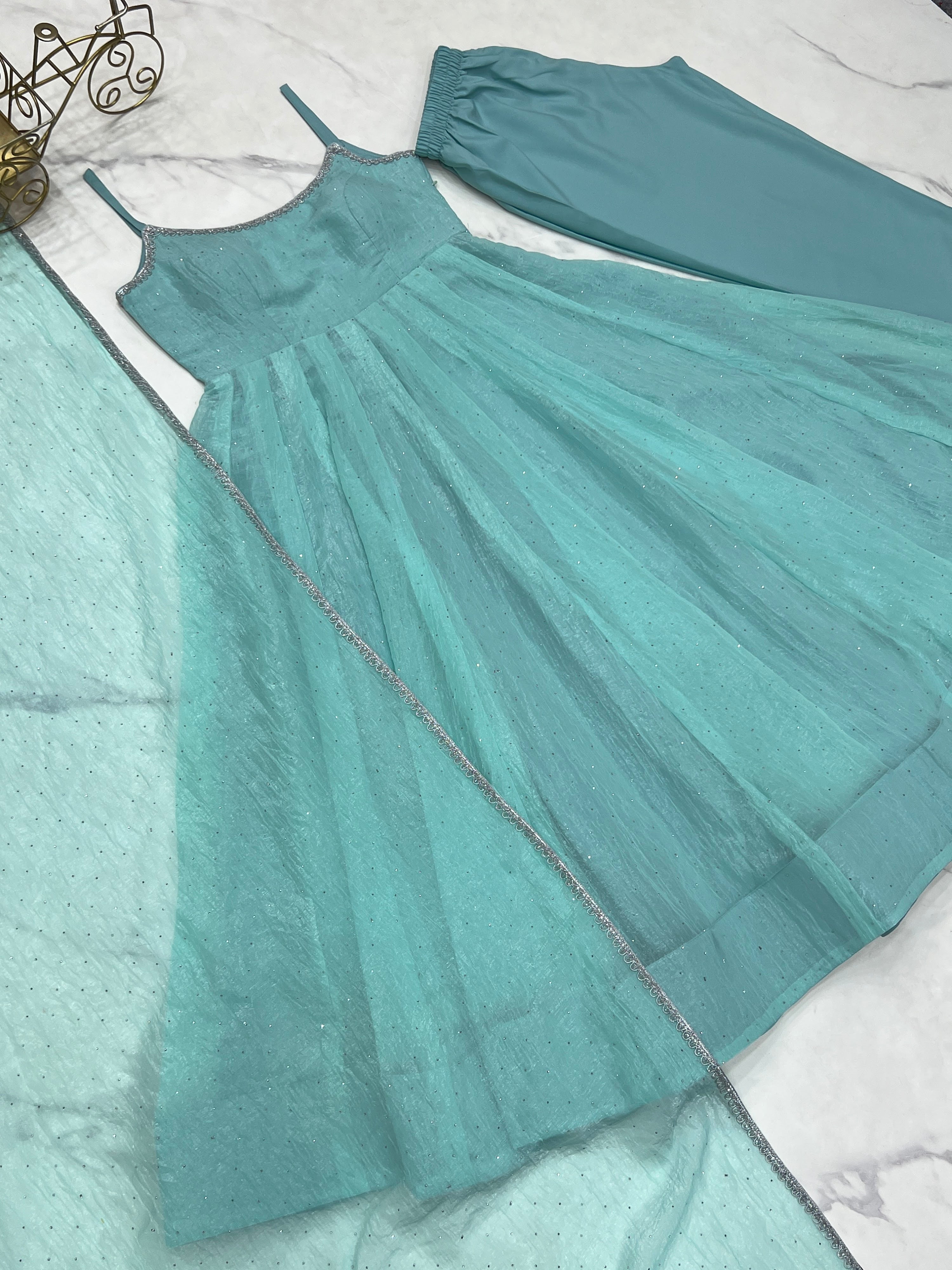 Crunchy Silk Embroidered Anarkali Set – Aqua Blue