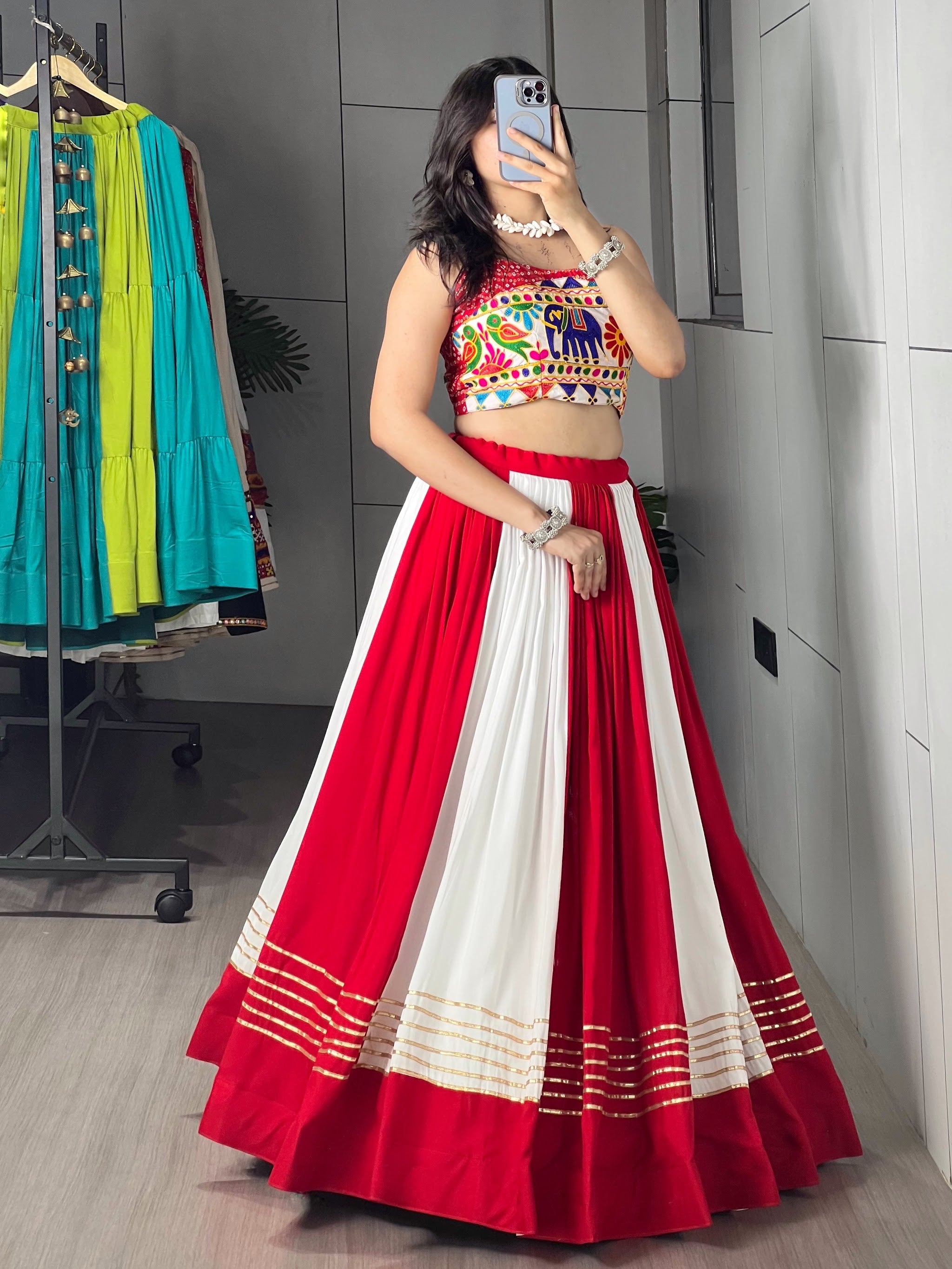 Navratri Red White Laal Leher Lehenga Set