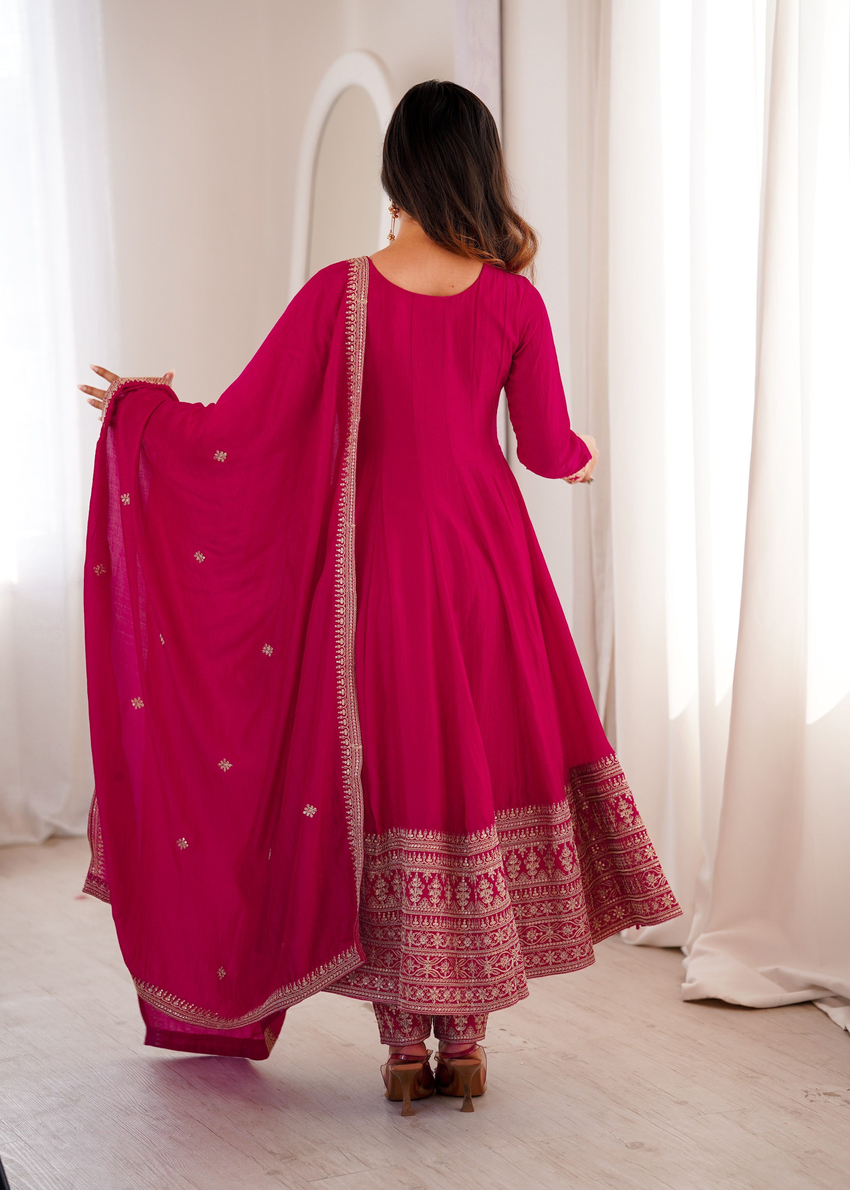 Vichitra Silk Embroidered Anarkali Set – Rani Pink