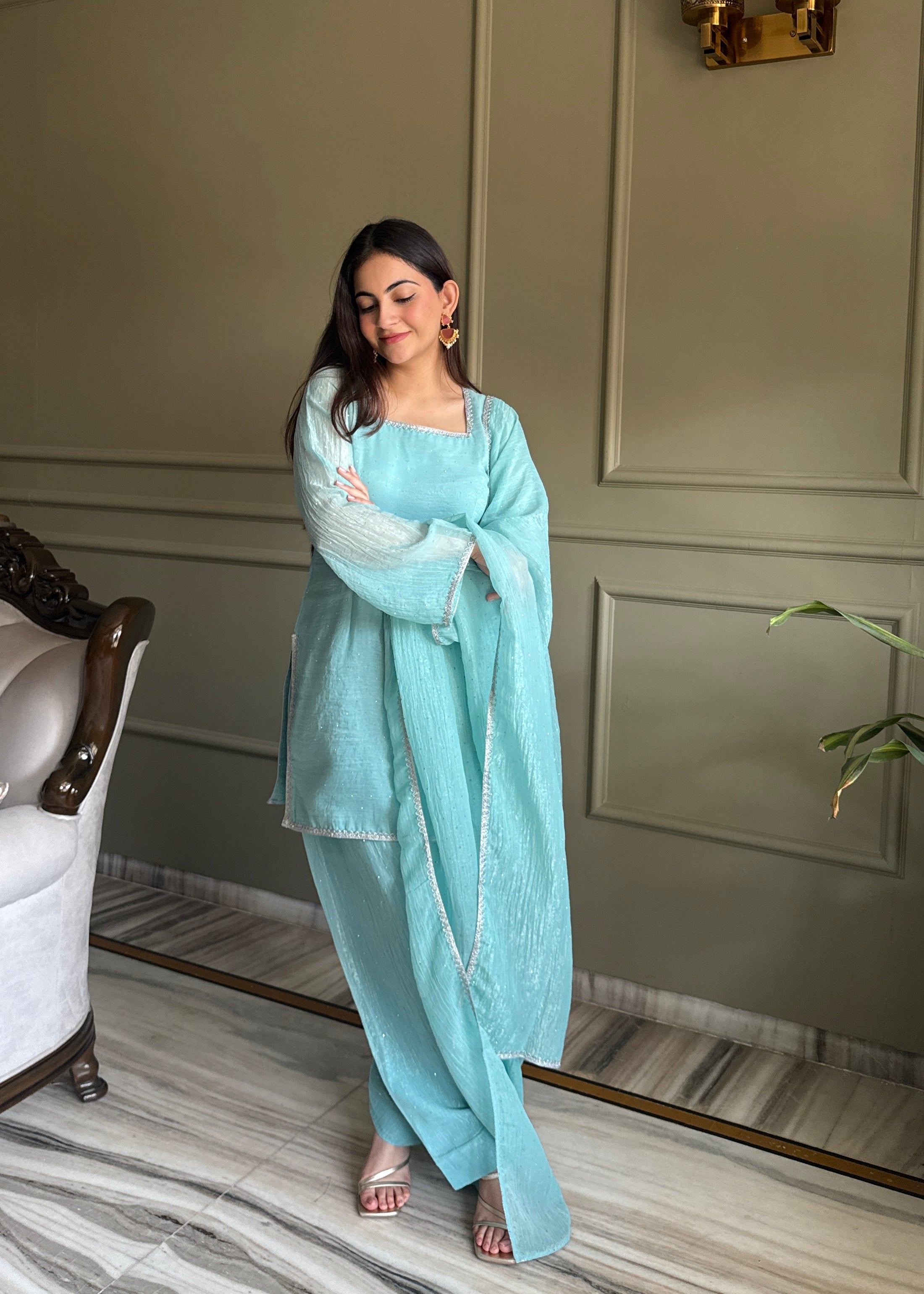 Crunchy Silk Embroidered Farshi Salwar Set – Sky