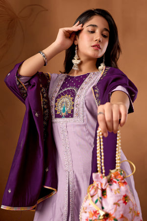 Roman Silk Embroidered Anarkali Kurti Set – Light Lovender