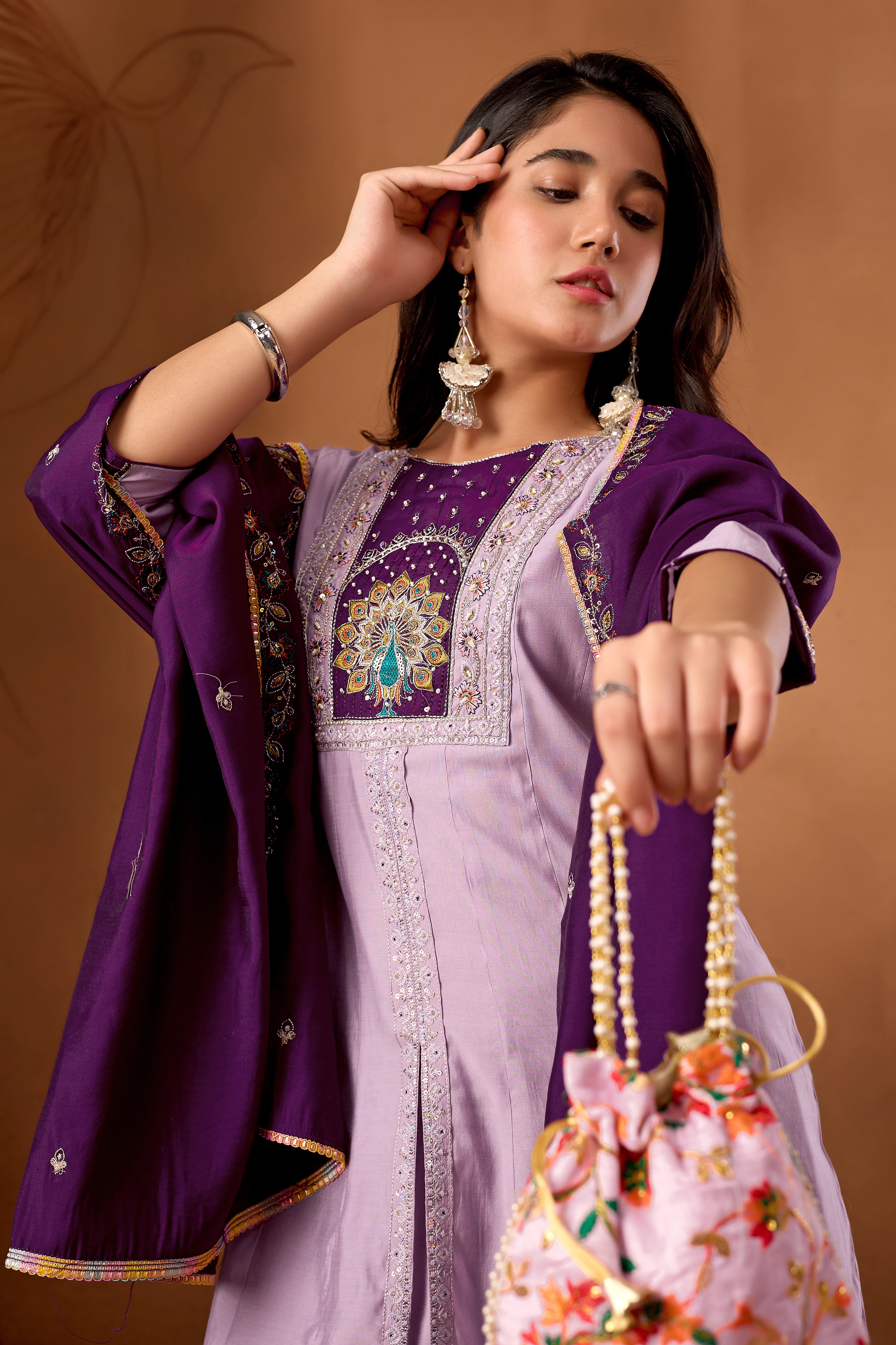 Roman Silk Embroidered Anarkali Kurti Set – Light Lovender