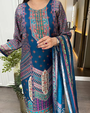 Rayon Printed Kurta Pant Dupatta Set – Navy Blue