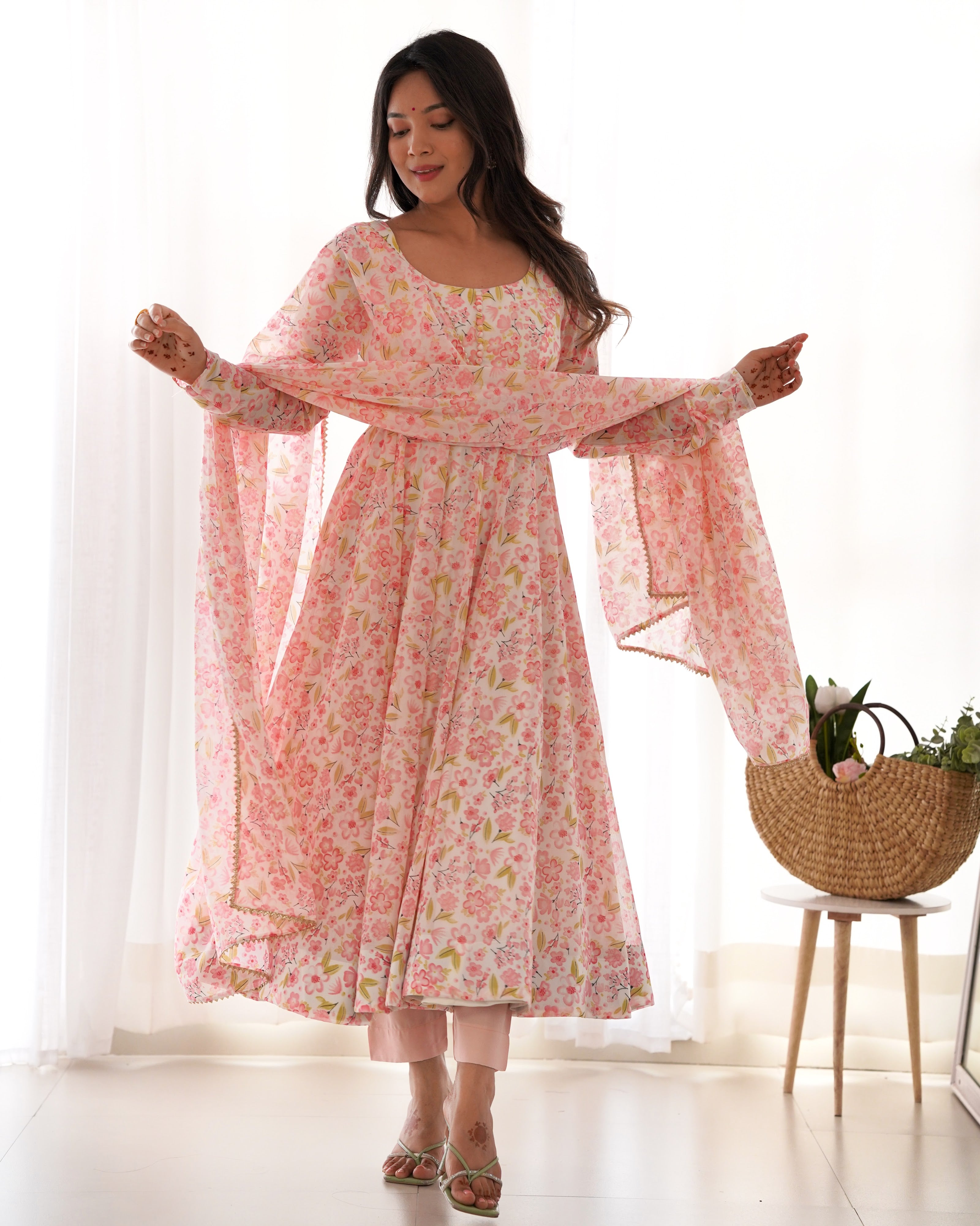 Heavy Orange Chiffon Floral Print Printed Anarkali Set – Pink Floral