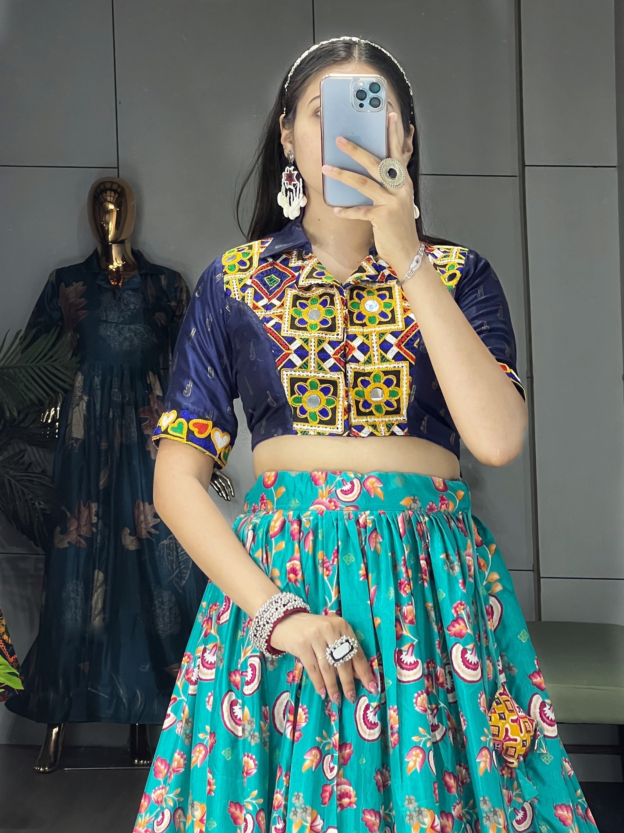 Navratri Firozi Floral Lehenga Set