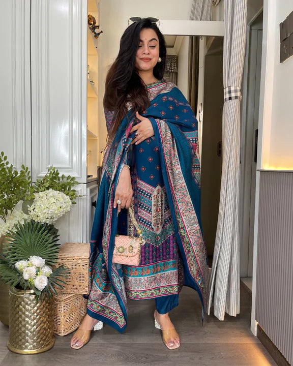 Rayon Printed Kurta Pant Dupatta Set – Navy Blue