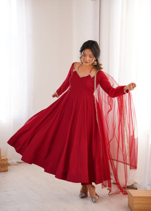 Roman Chanderi Silk Embroidered Anarkali Set – Maroon
