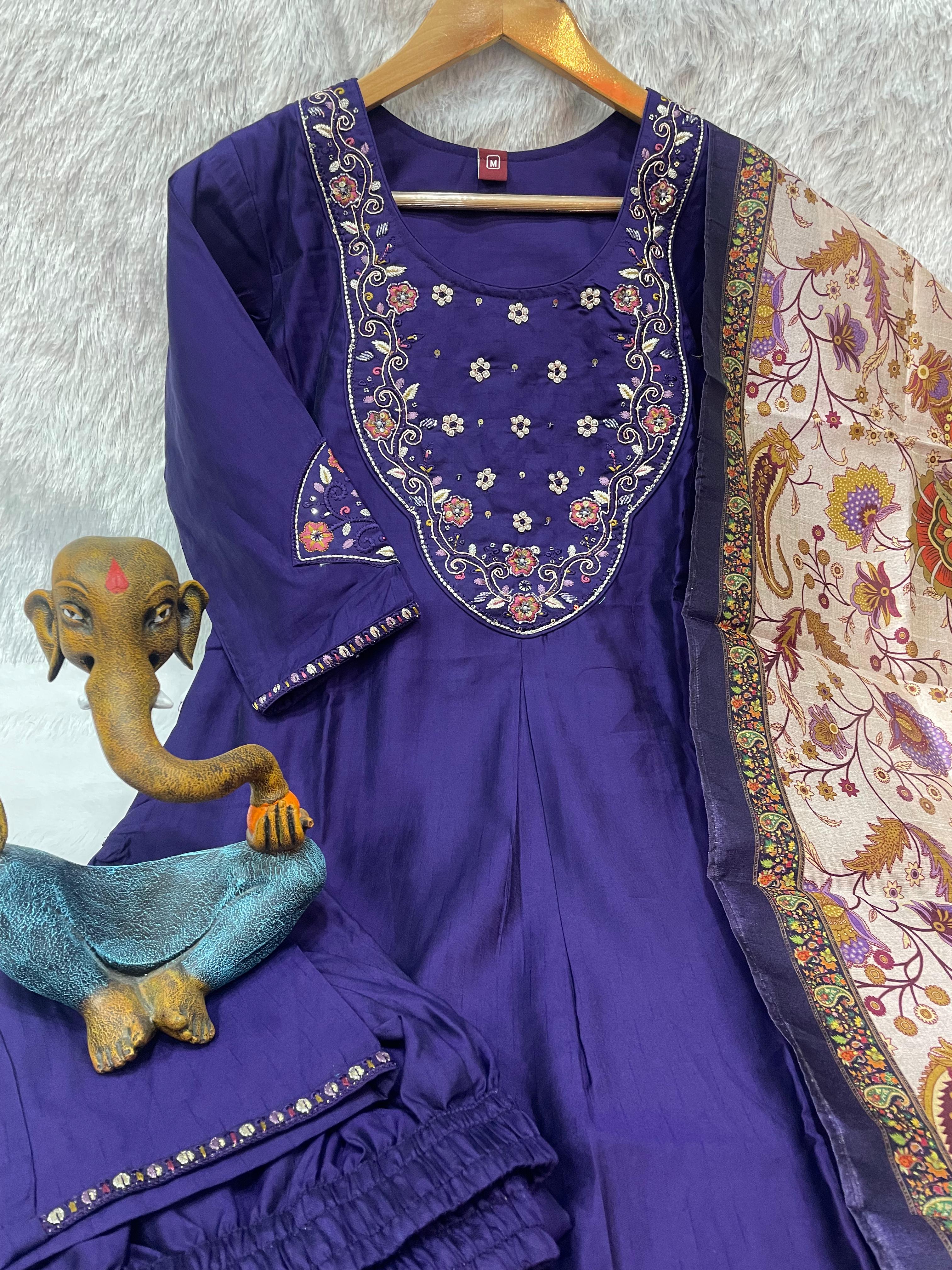 Premium Marina Silk Embroidered Straight Kurti Set – Violet