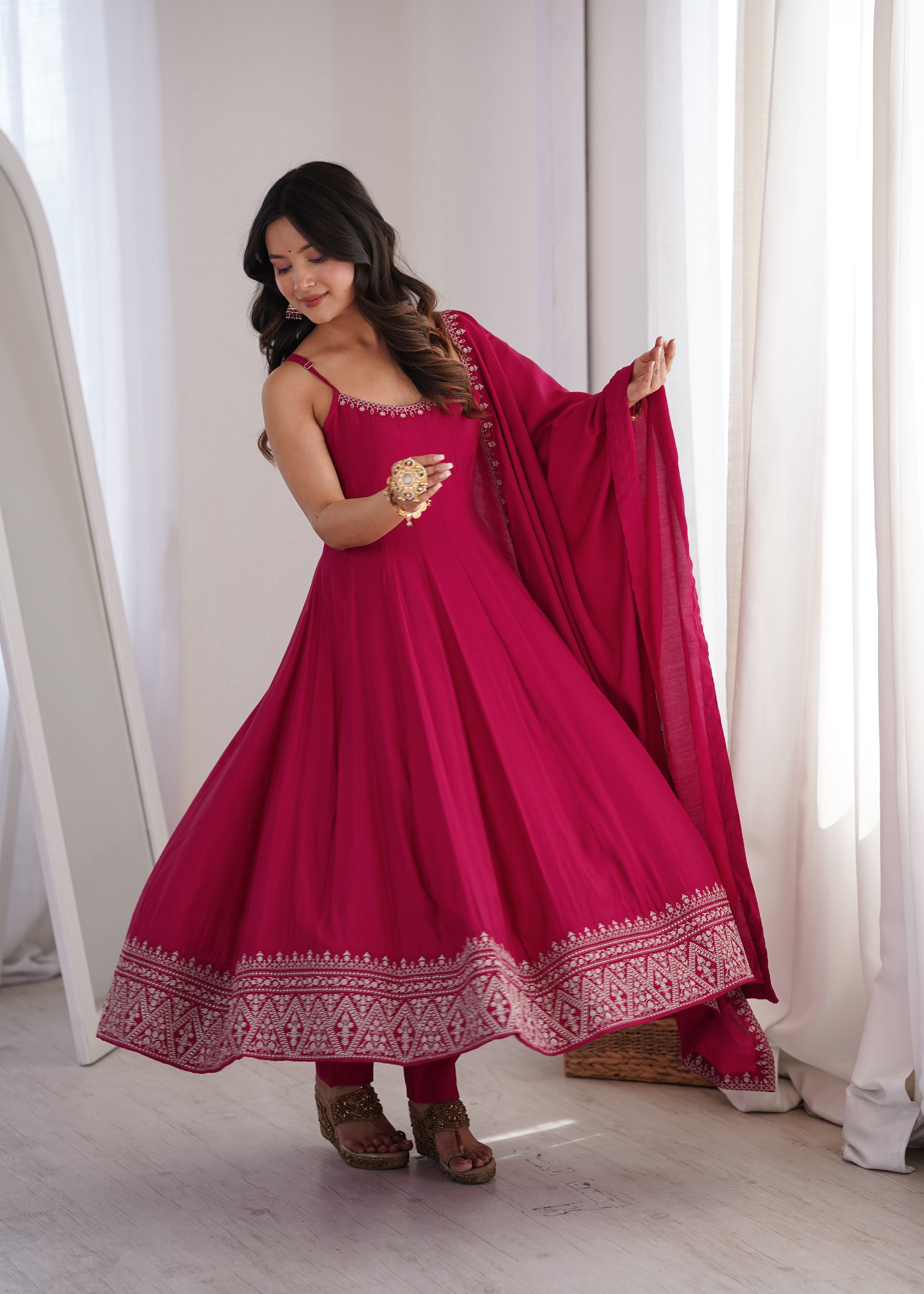 Roman Chanderi Silk Embroidered Anarkali Set – Rani Pink