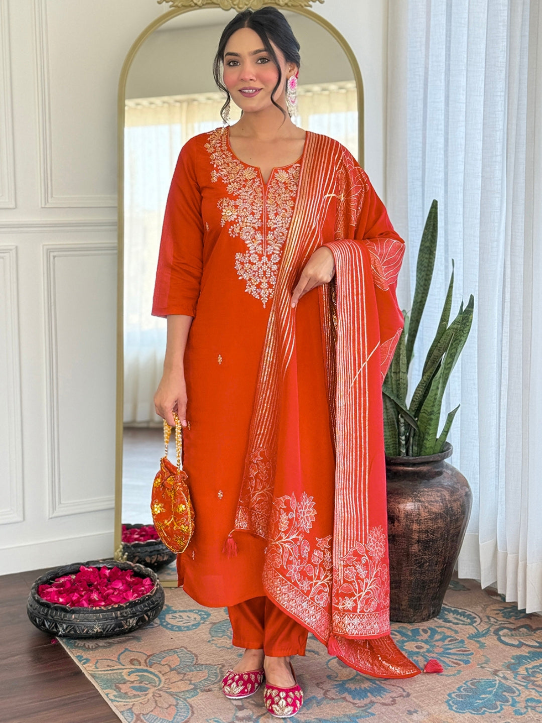 Roman Silk Embroidered Kurta Pant Dupatta Set – Rust Orange
