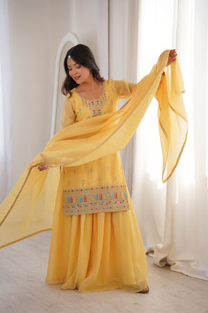 Crunchy Silk Embroidered Kurta-Sharara Set – Yellow
