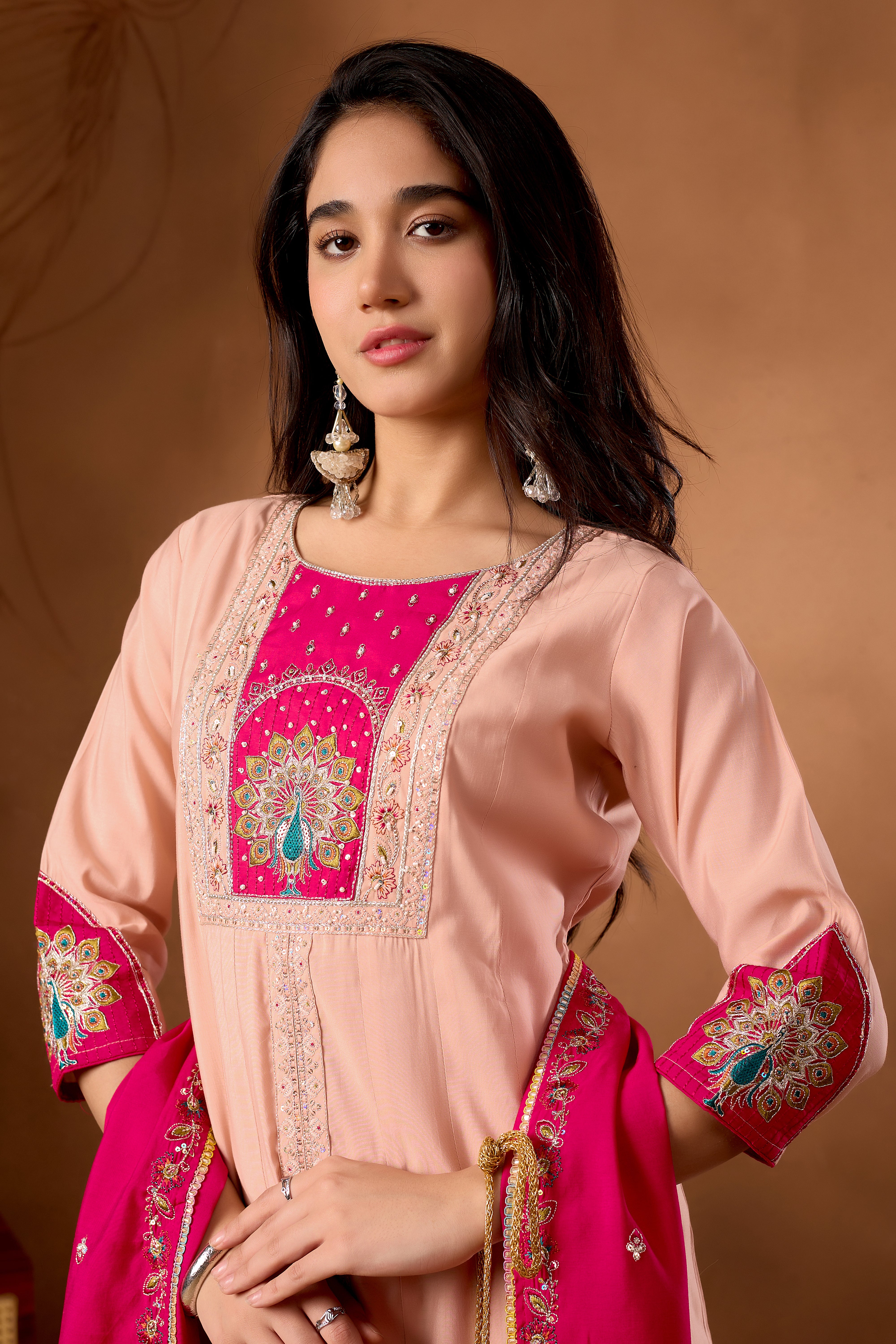 Roman Silk Embroidered Anarkali Kurti Set – Peach