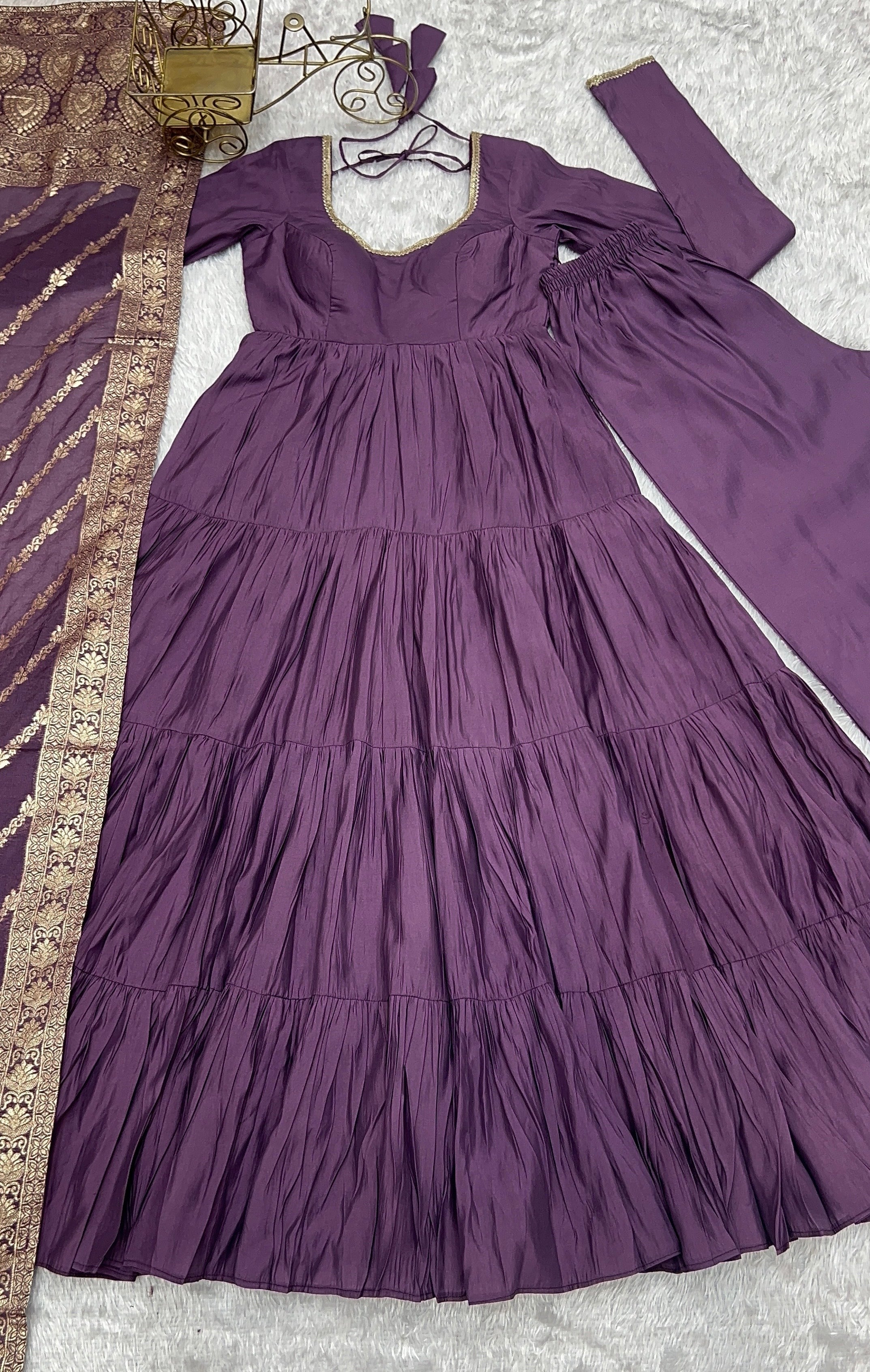 Roman Chanderi Silk Embroidered Anarkali Set – Purple